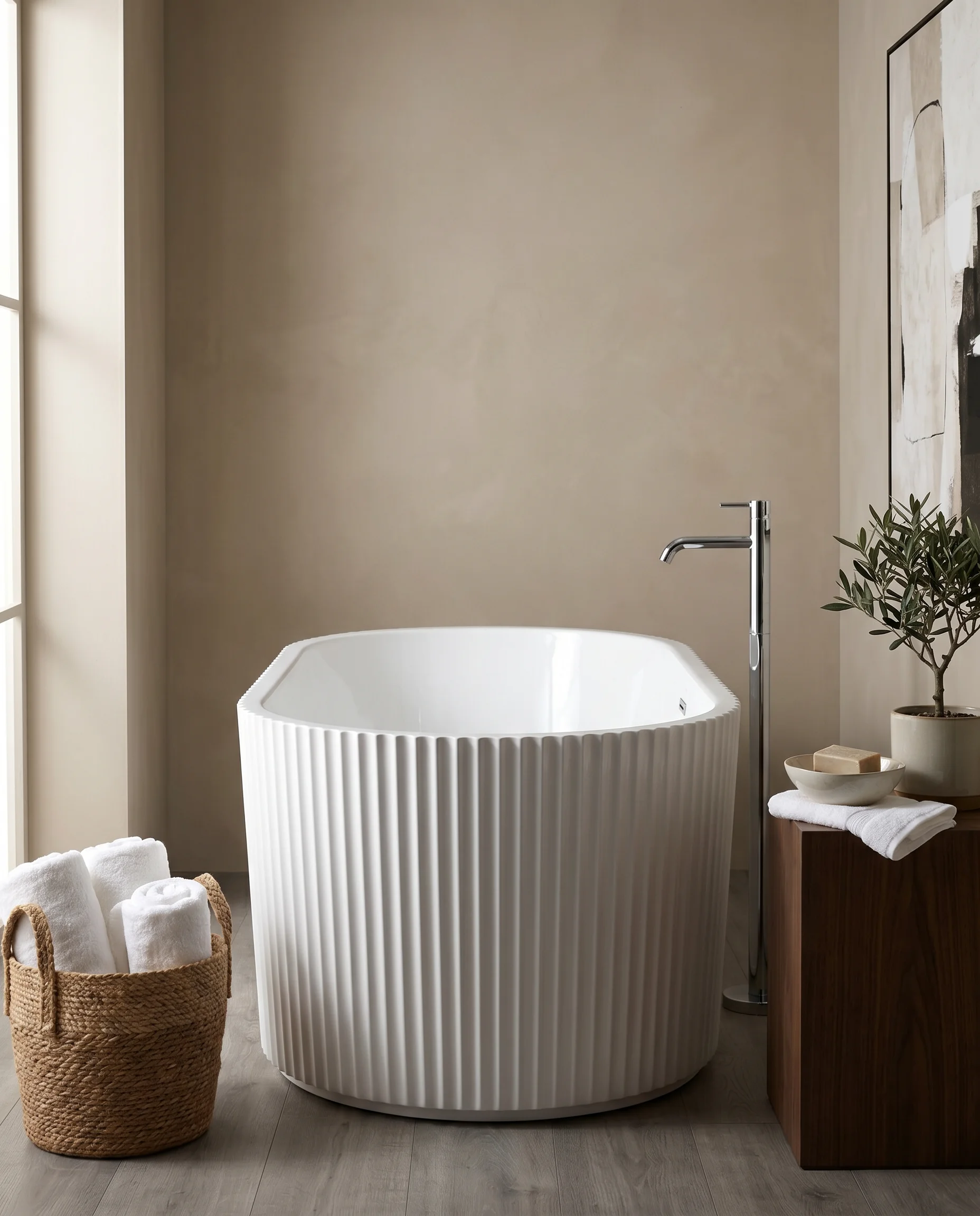 Deco freestanding bath — rippled Art Deco exterior in a luxury bathroom