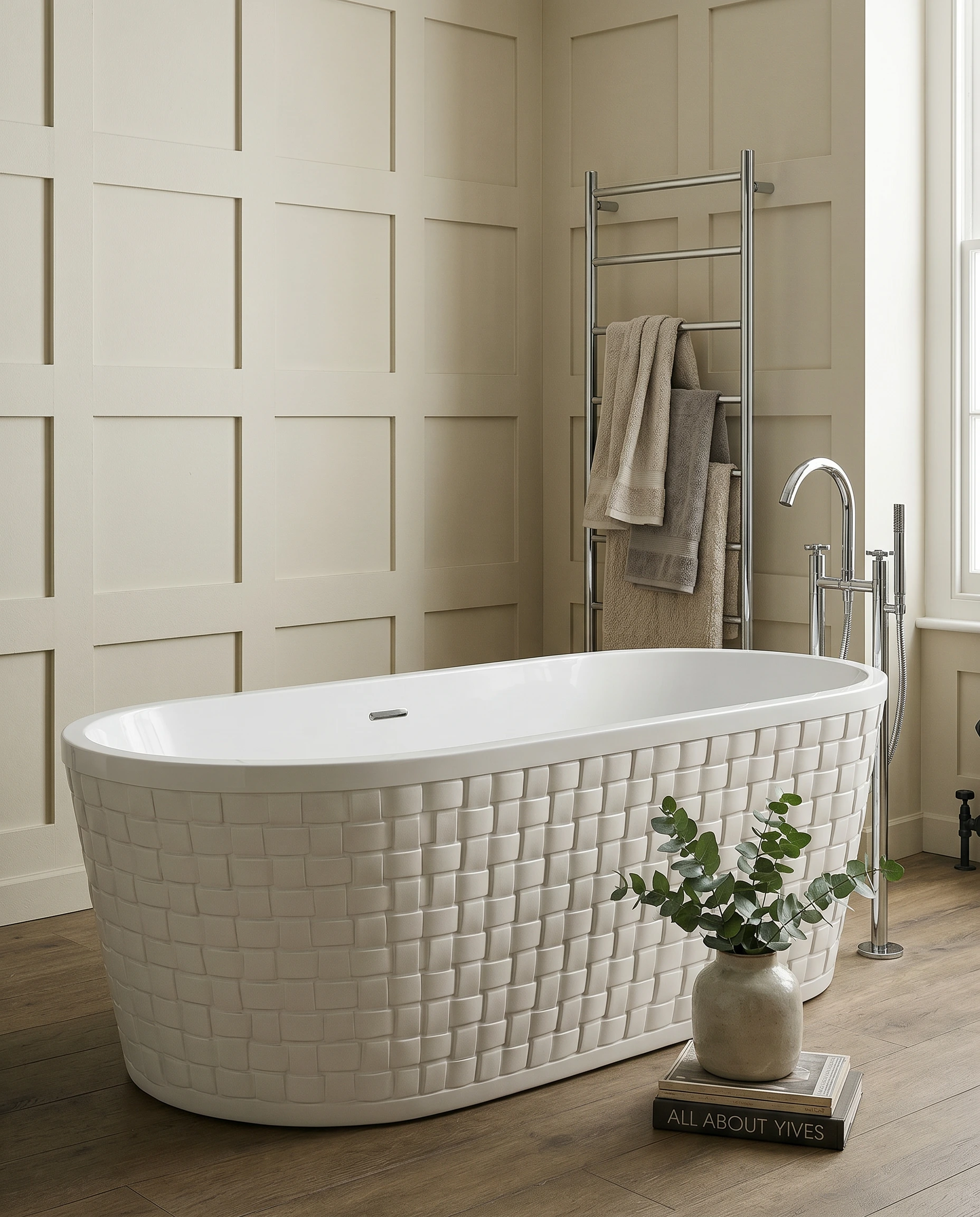 Weave freestanding bath in a styled bathroom corner