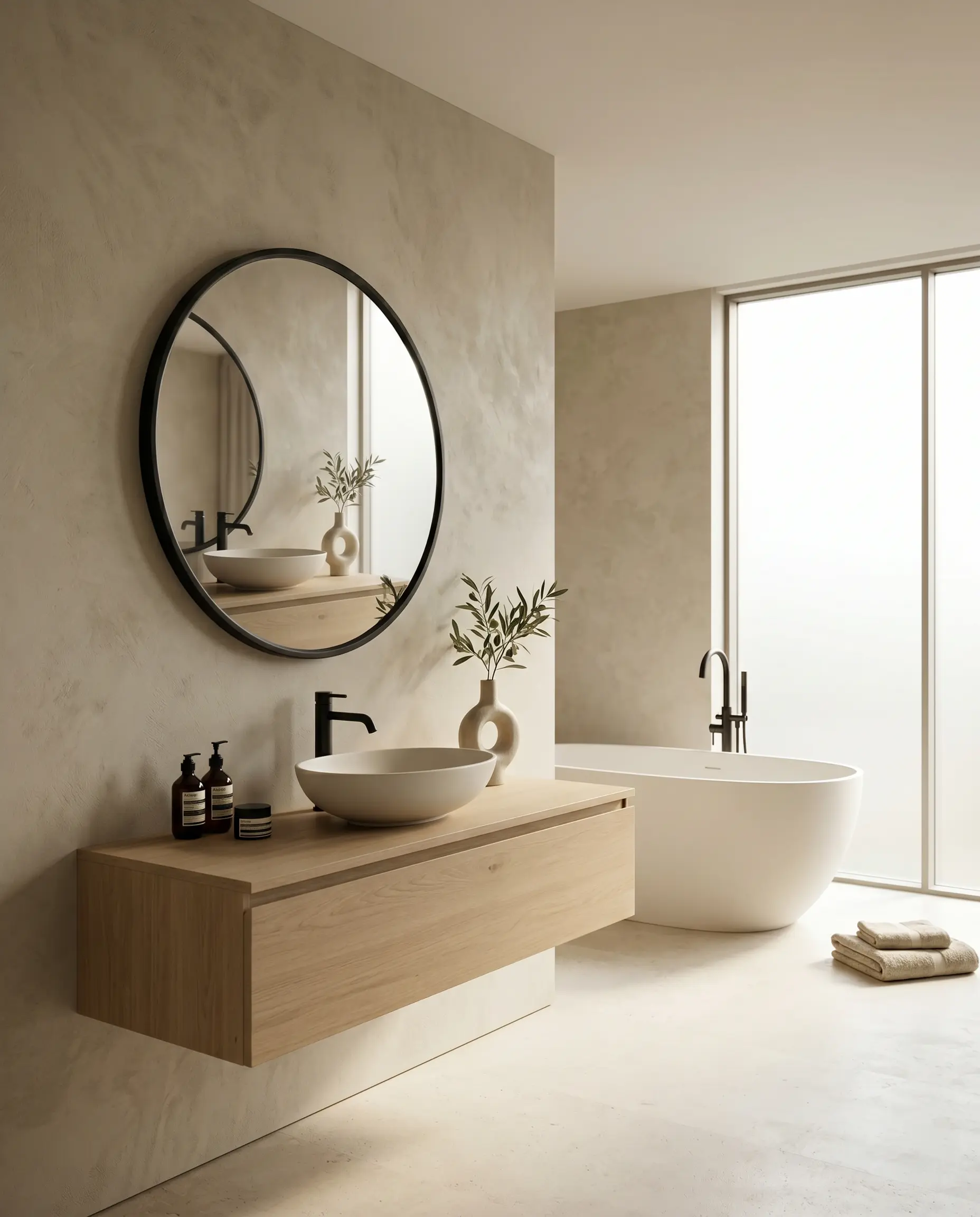 Circa matte black circular mirror — wide-angle view in a luxury bathroom