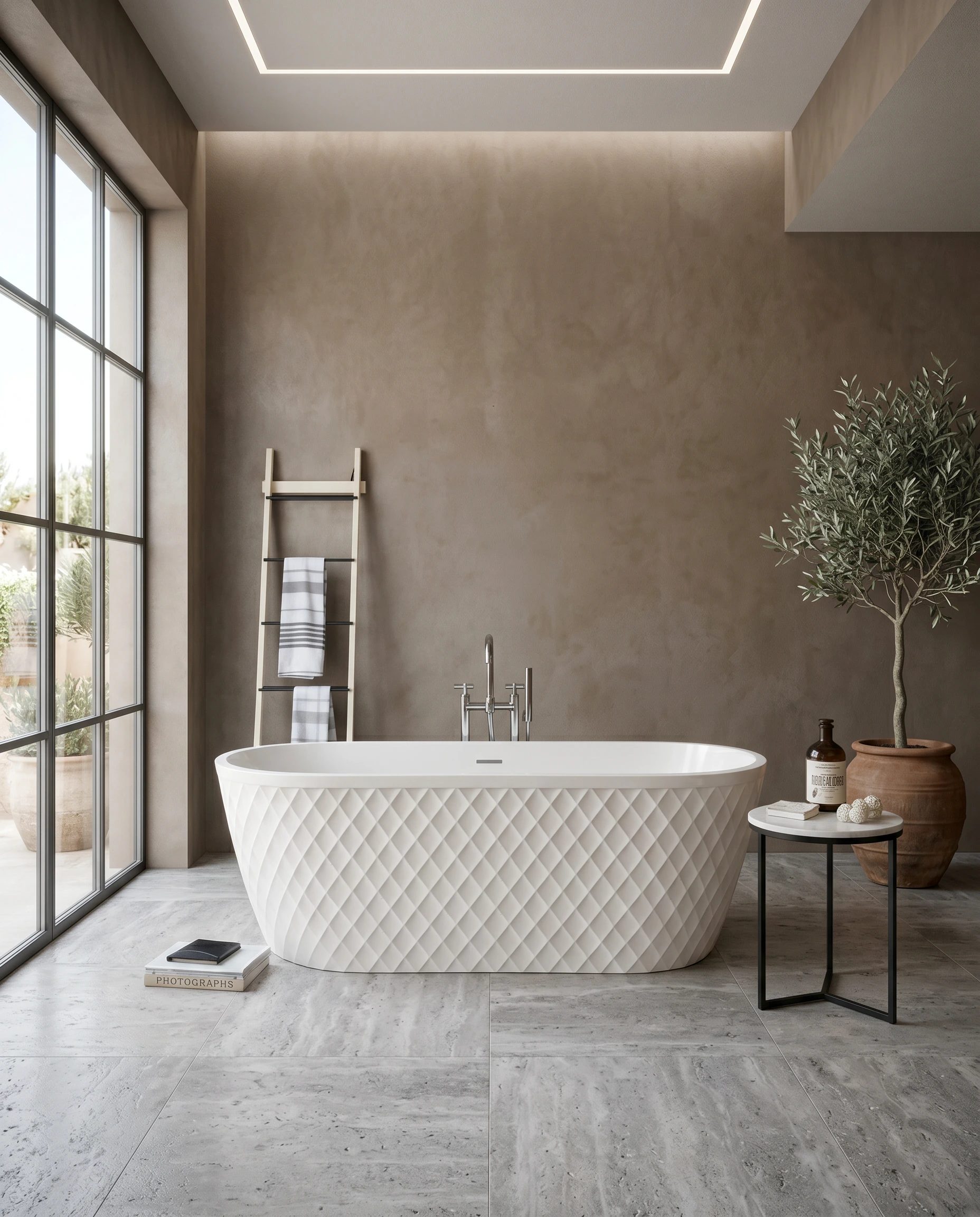 Facet freestanding bath — wide-angle view in a luxury bathroom