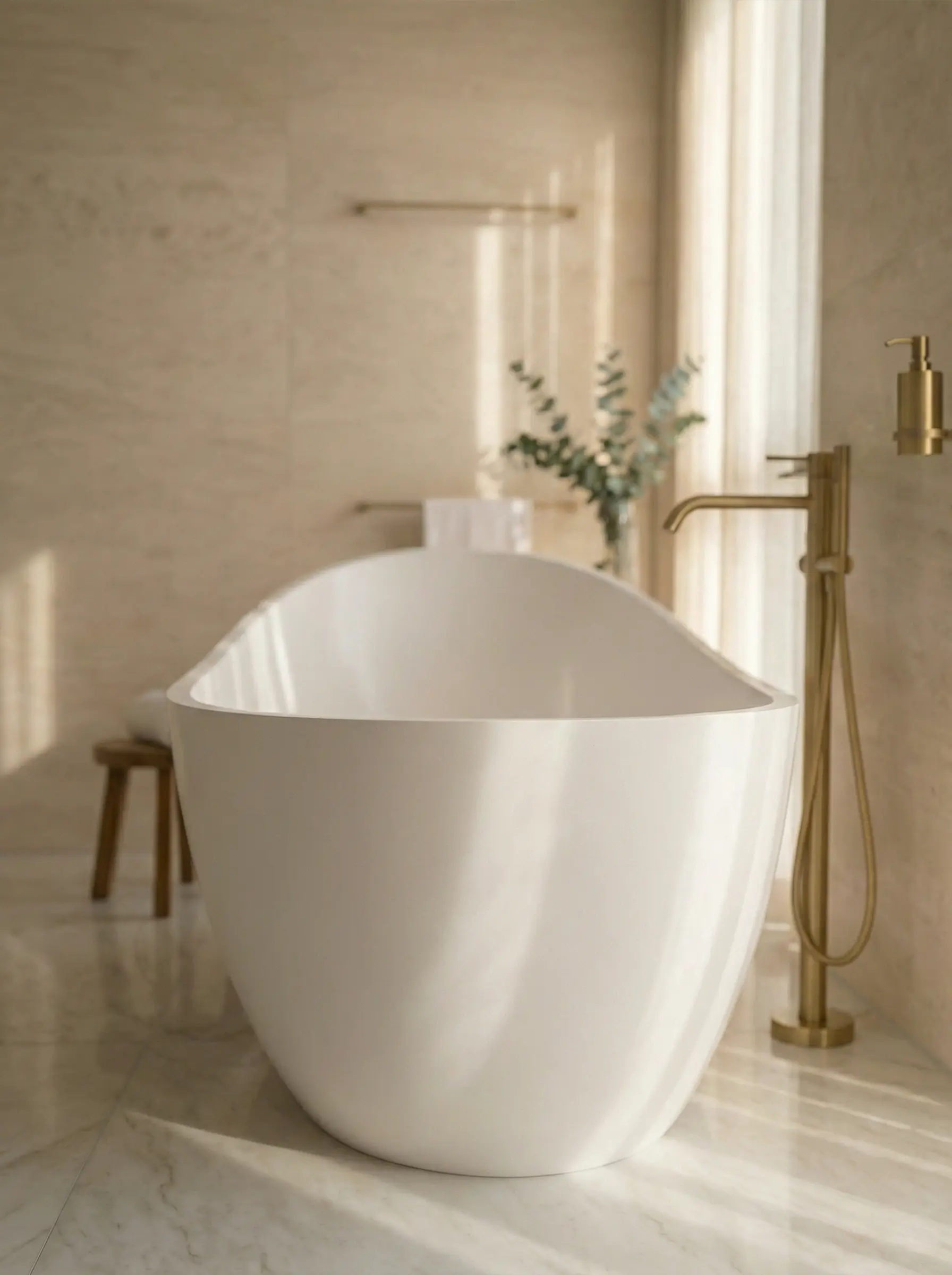 Lumen freestanding bath — sculptural form with soft curvature and an elevated rim