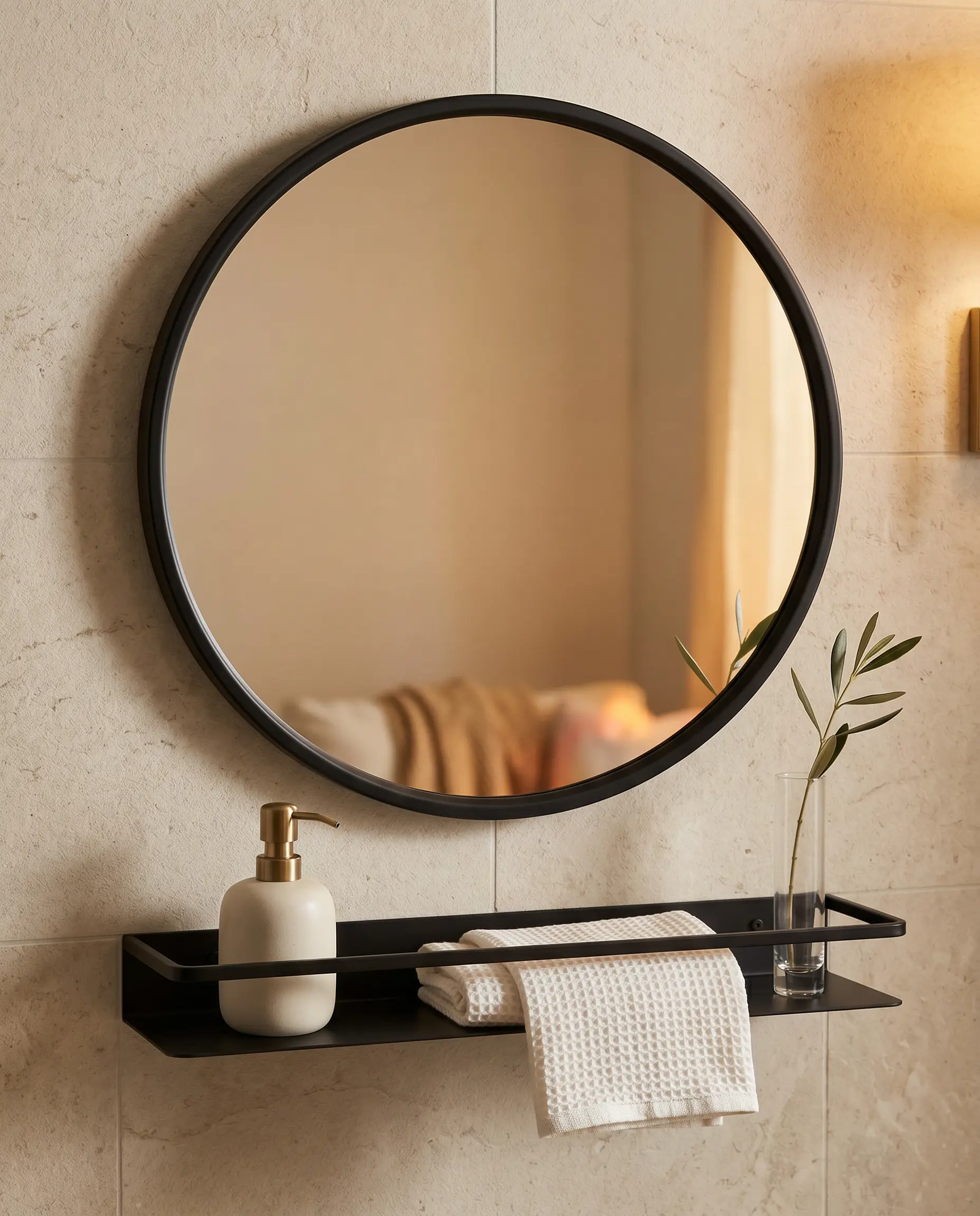 Circa mirror above a styled bathroom shelf