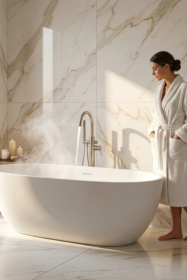 Solis freestanding bath styled in a serene bathroom interior
