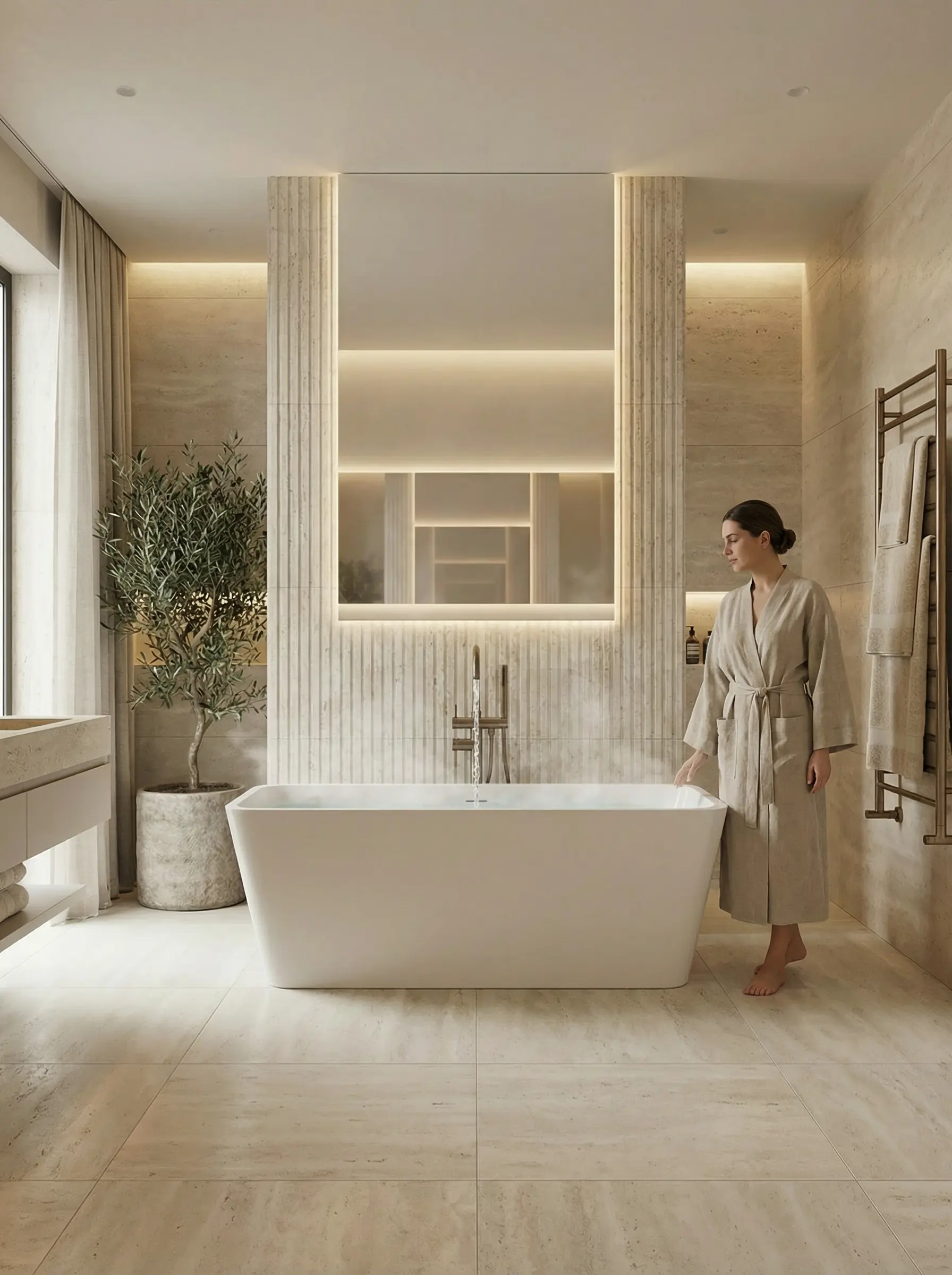 Linear freestanding bath styled in a contemporary bathroom