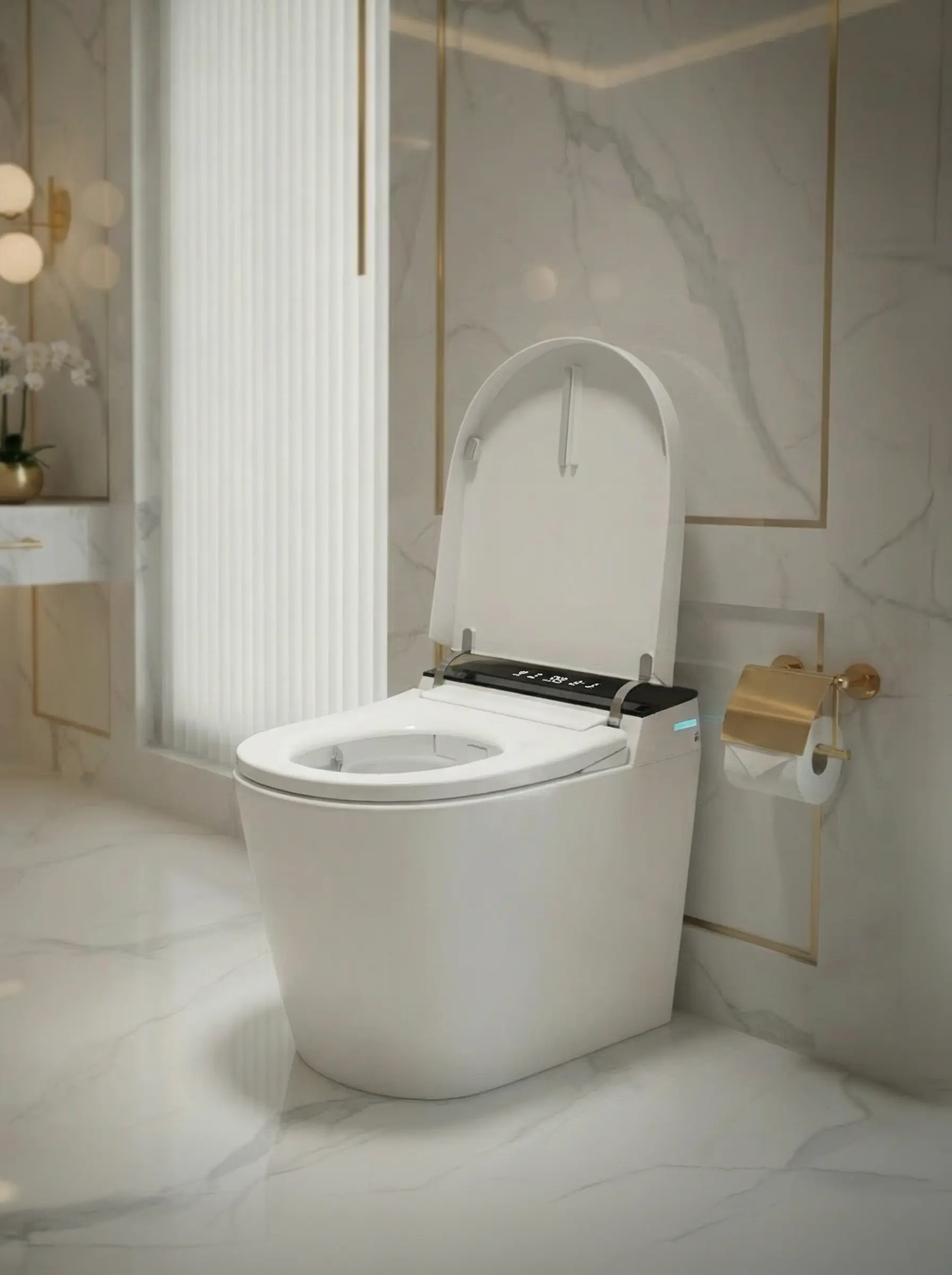Aura smart toilet side view showing its calm architectural presence