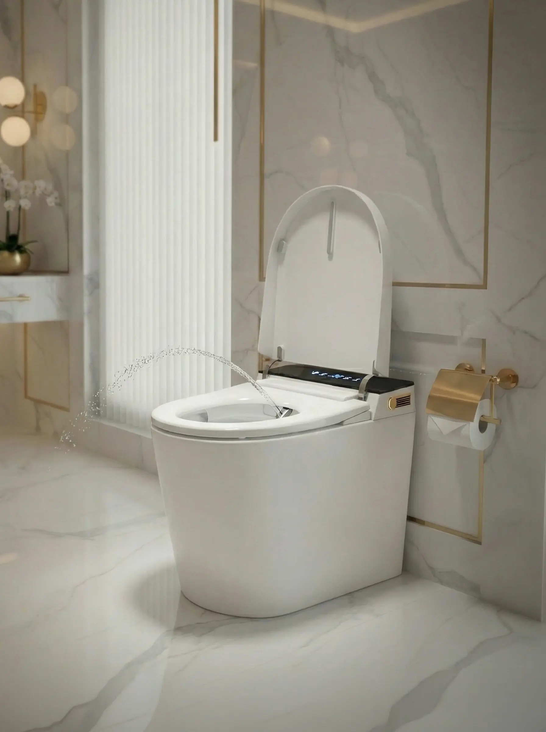 Aura smart toilet installed in a considered bathroom