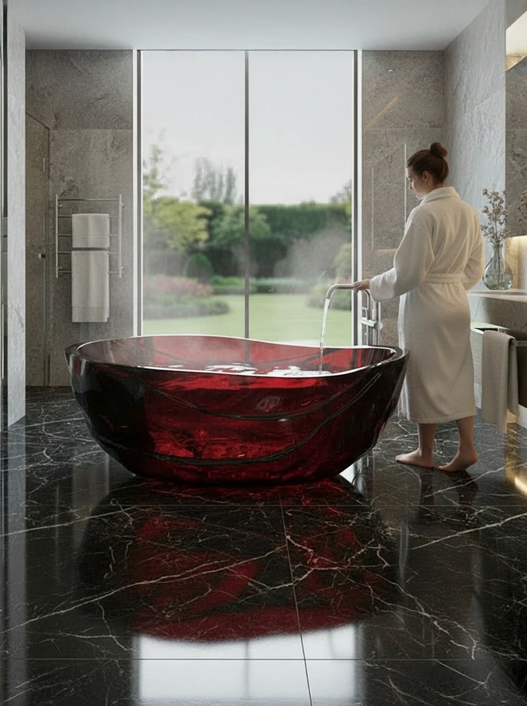 Inferna freestanding bath styled in a luxury bathroom setting