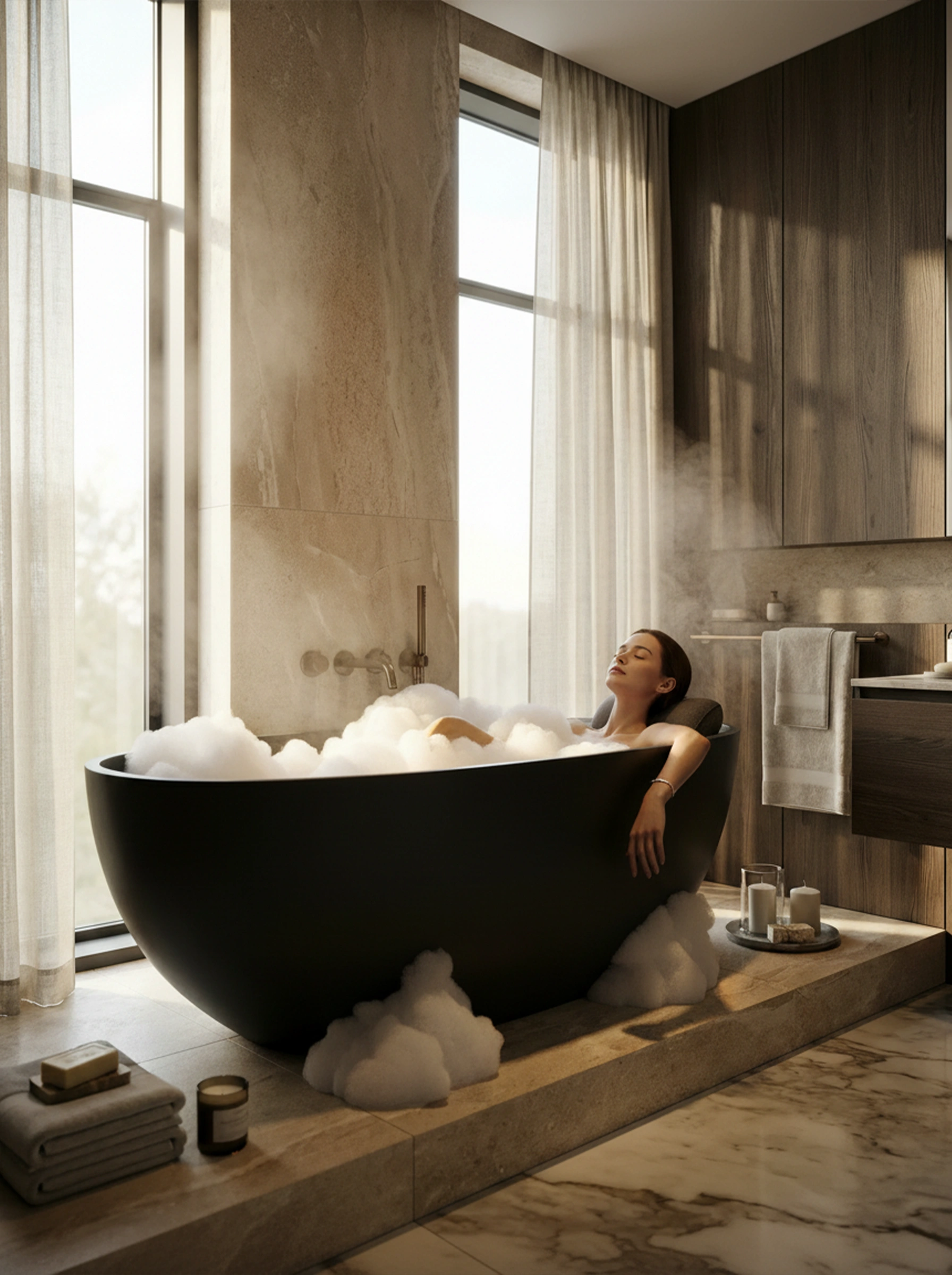 Onyx freestanding bath styled in an architectural bathroom setting