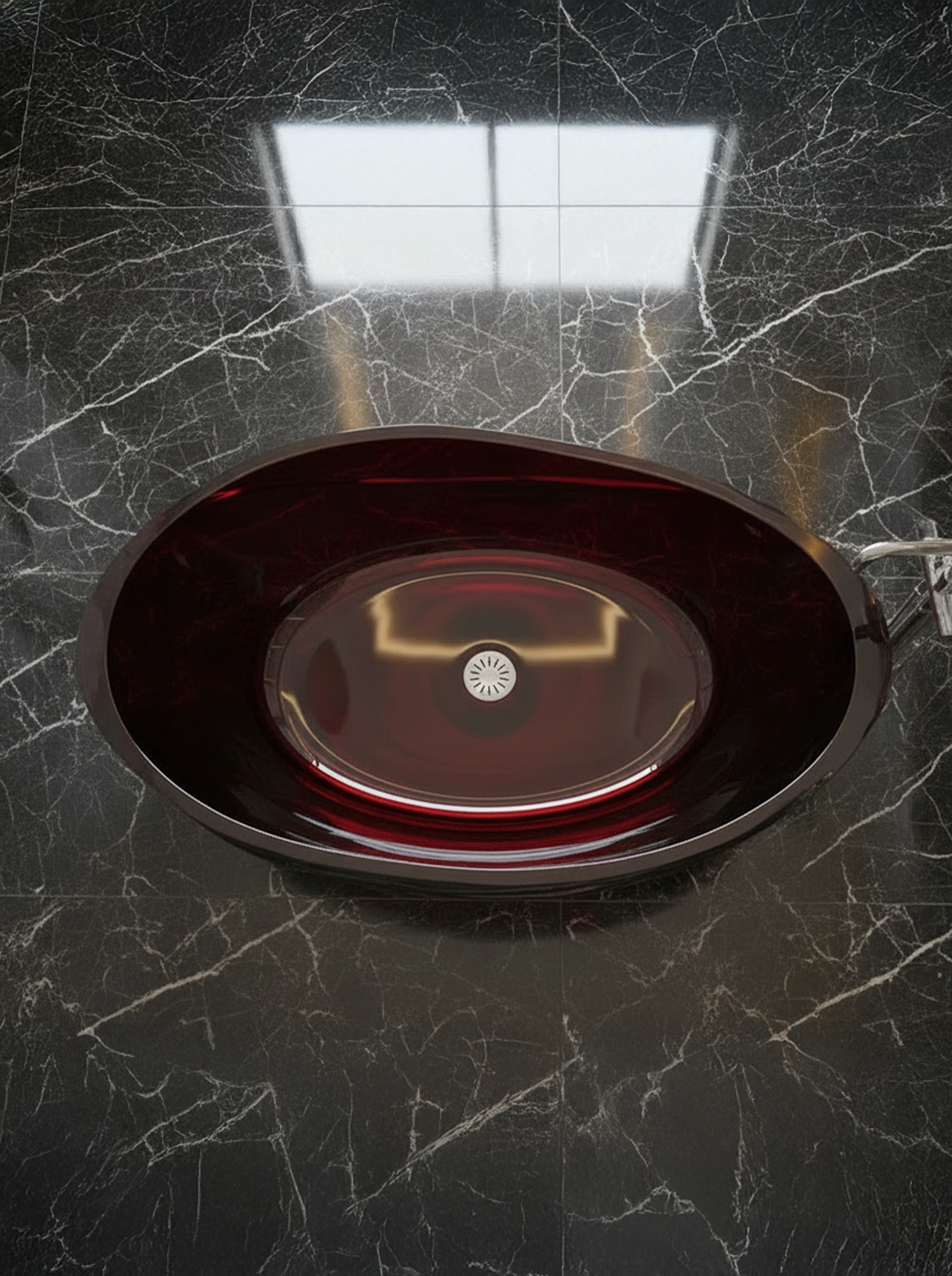 Inferna freestanding bath — molten-red translucent resin sculptural form