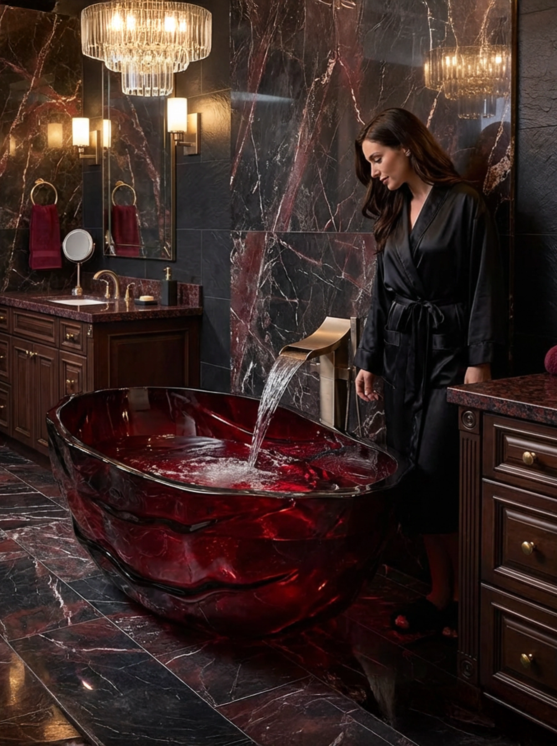 Inferna bath detail showing the depth and reflection of the red resin