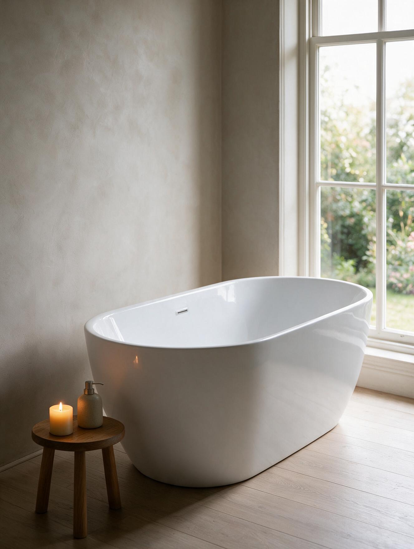 Reverie bath in a small warm bathroom