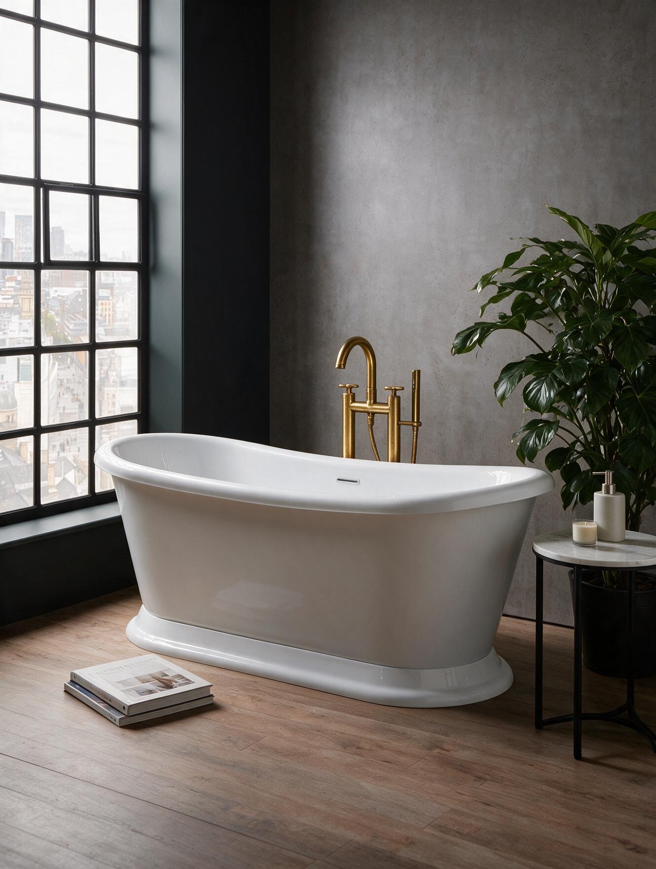 Ondine bath styled with a brass tap and marble side table