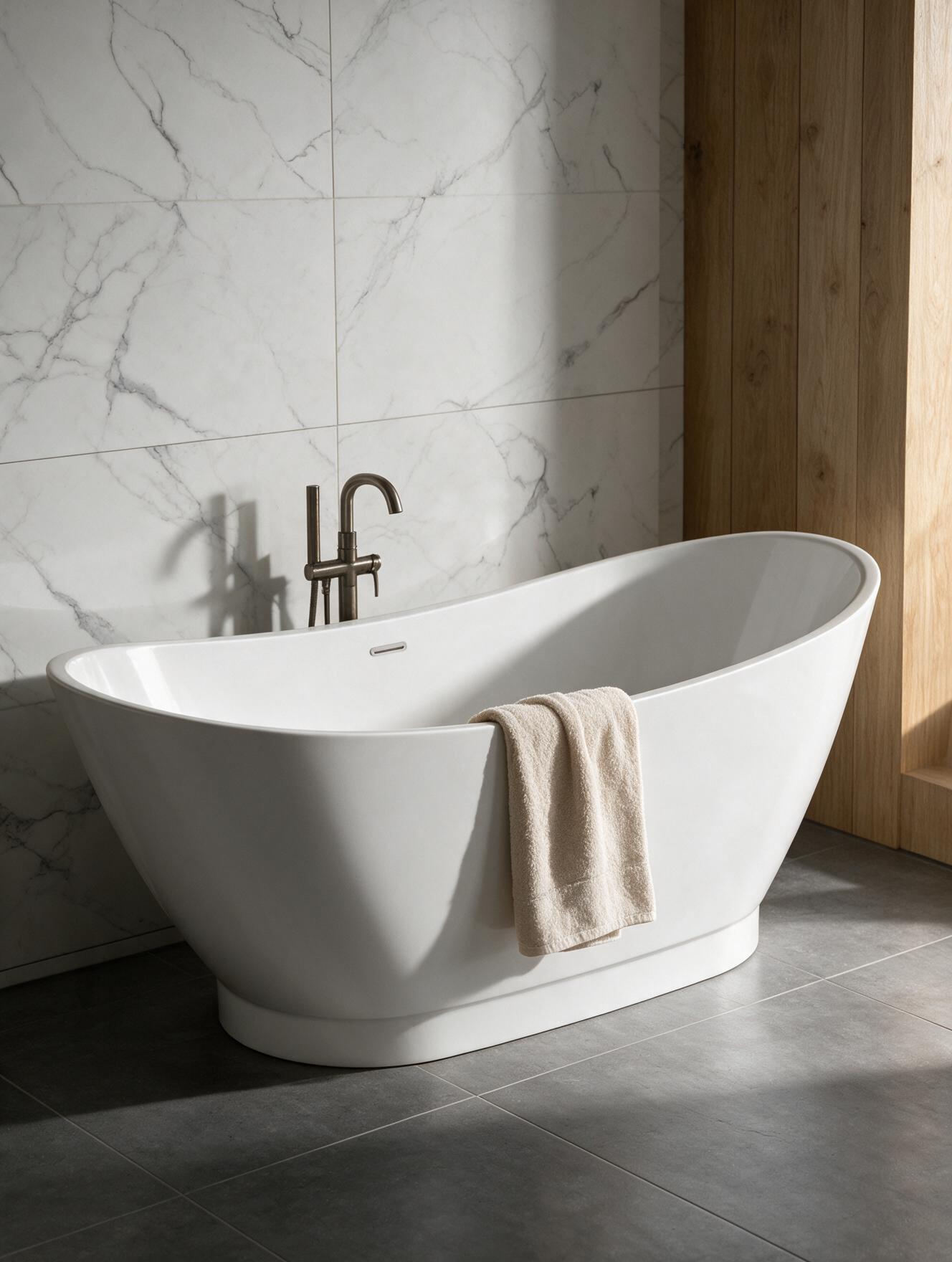 Lune bath in a warm considered bathroom