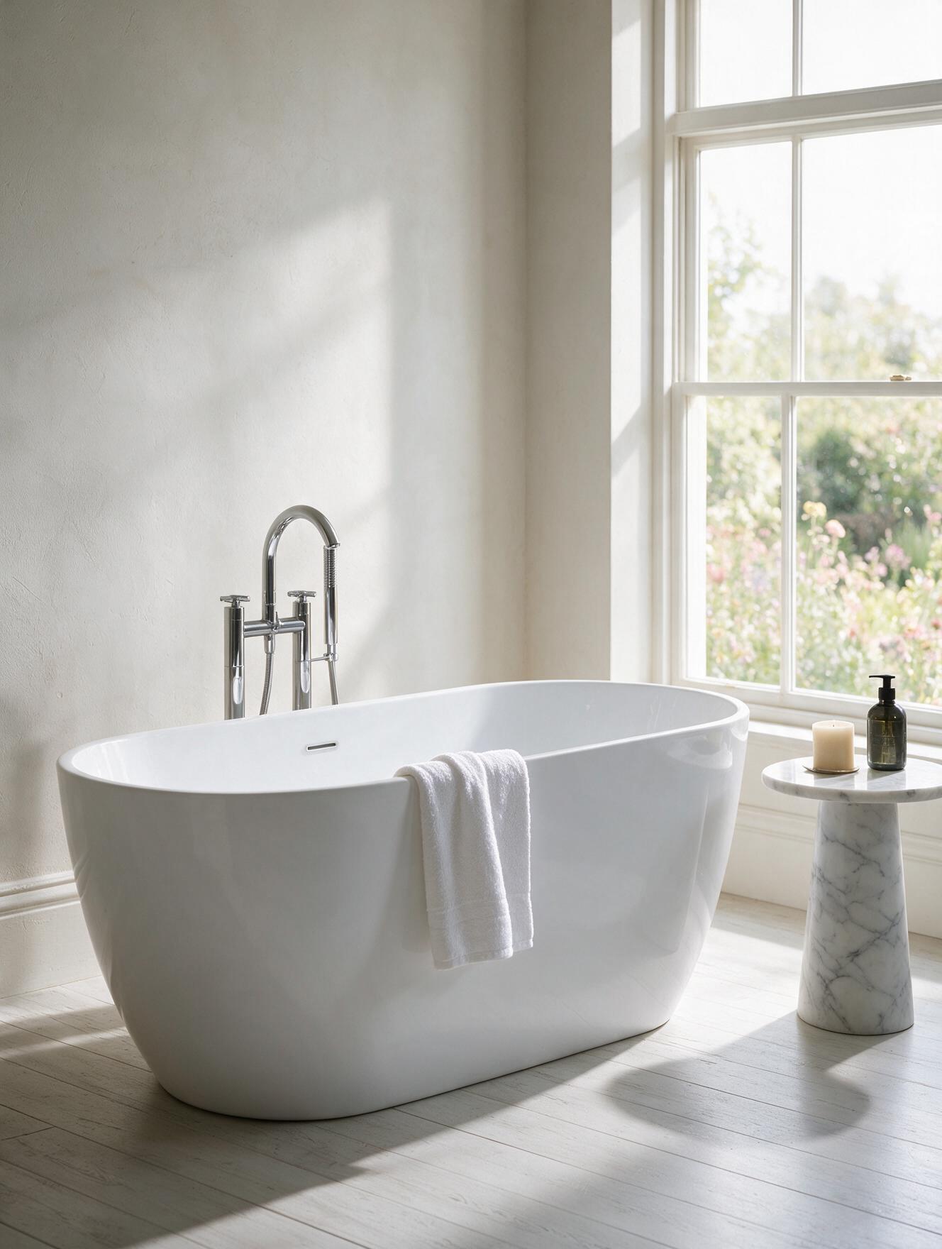 Reverie bath in a bright bathroom with a marble side table
