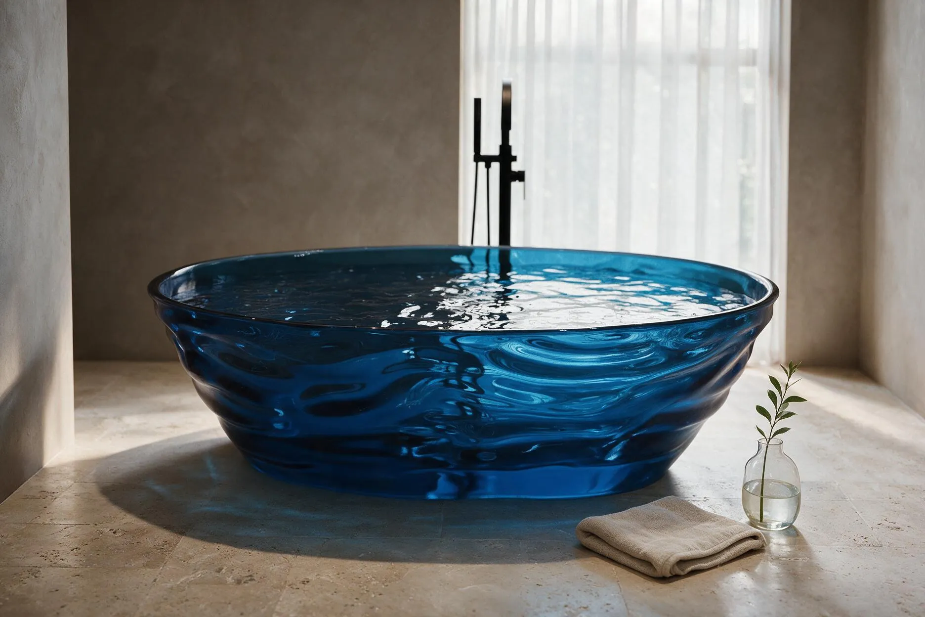Aquaire sculptural blue freestanding bath in a warm spa-style bathroom