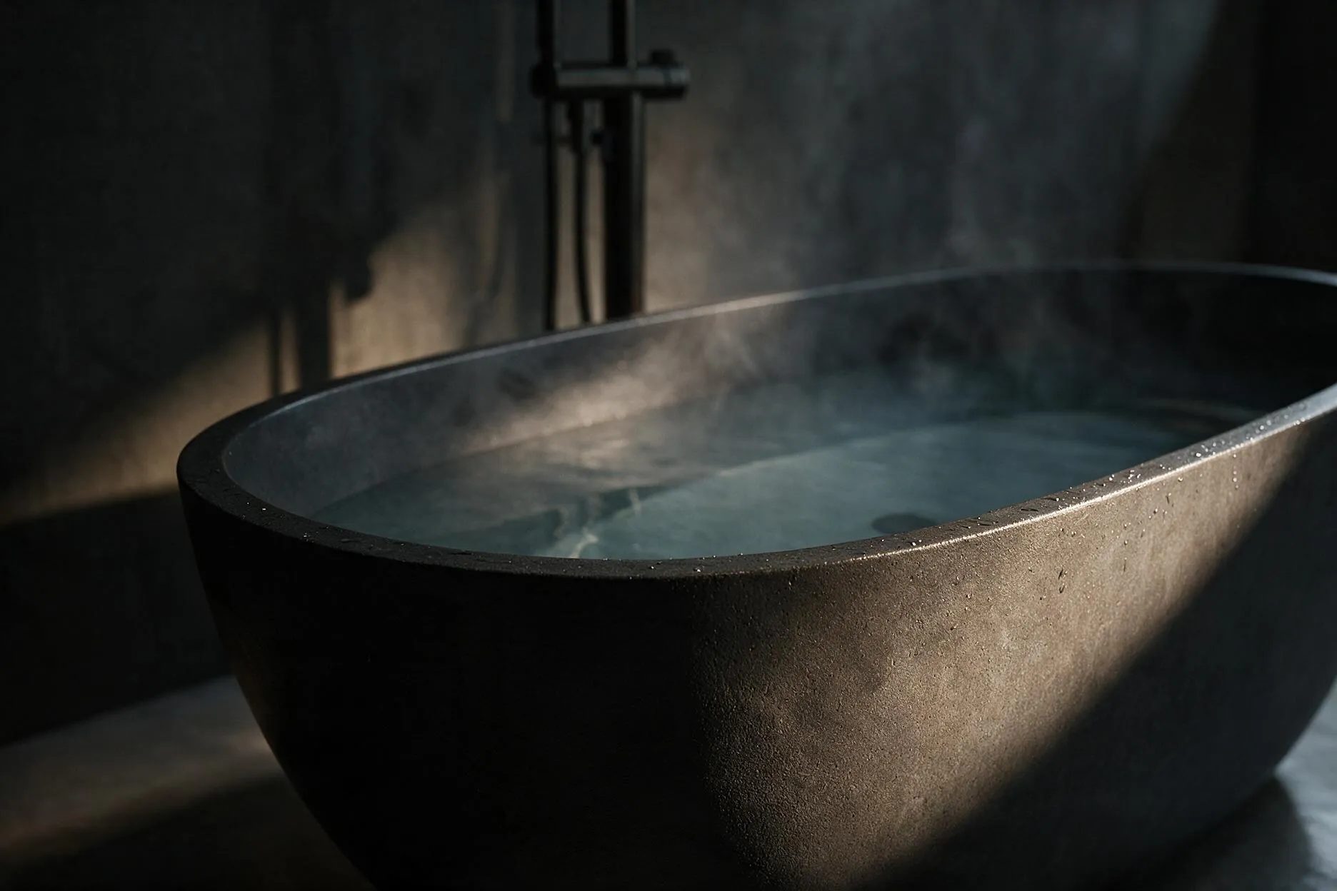 Onyx matte black monolithic freestanding bath, architectural detail shot
