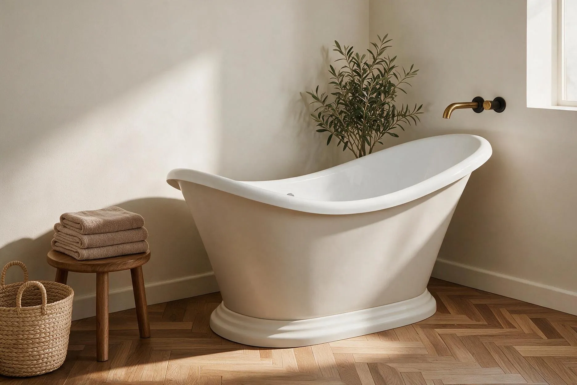 Isla compact freestanding bath in a small considered bathroom