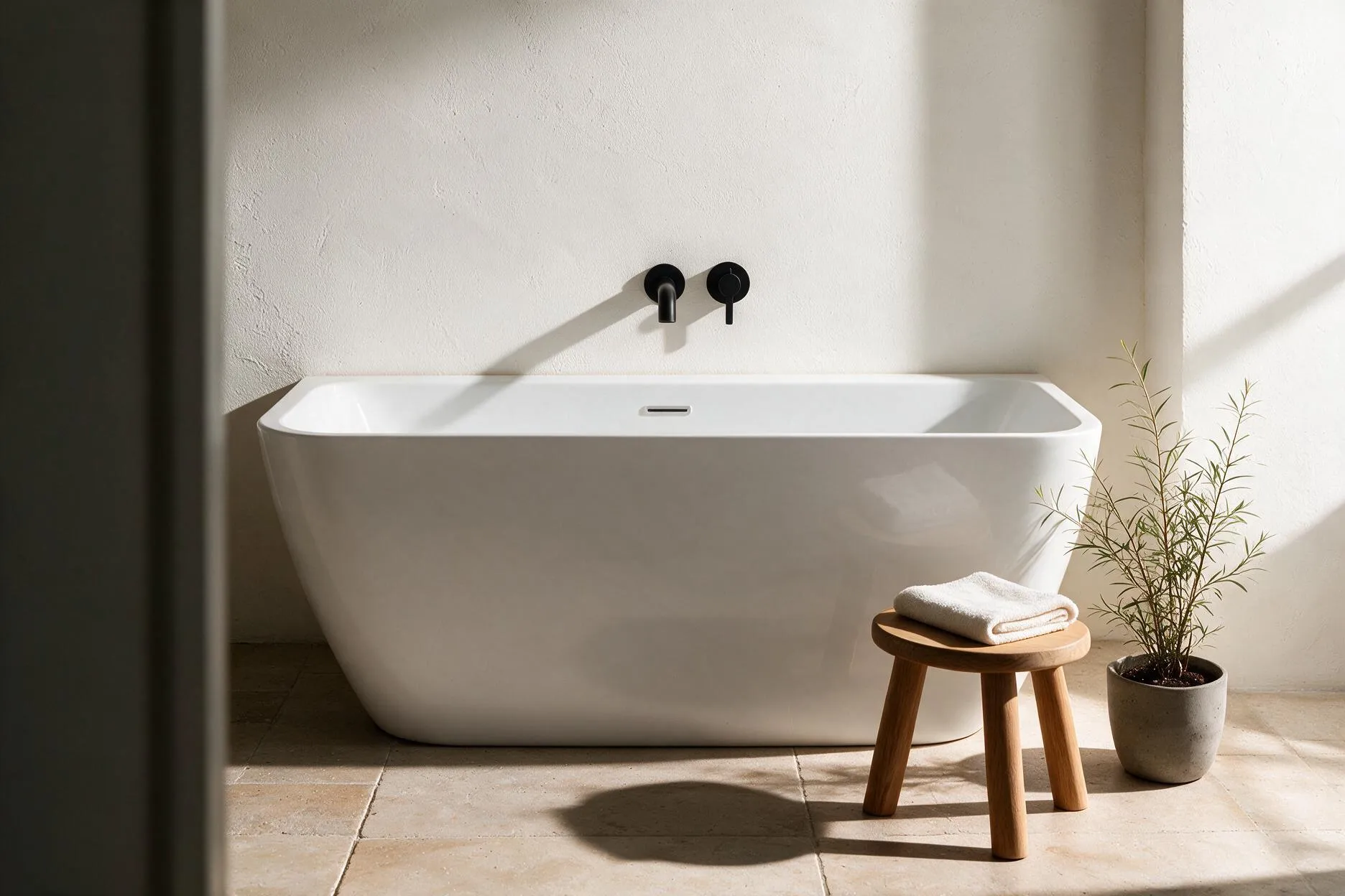 Arete back-to-wall bath combining sharp architectural edges with soft curves