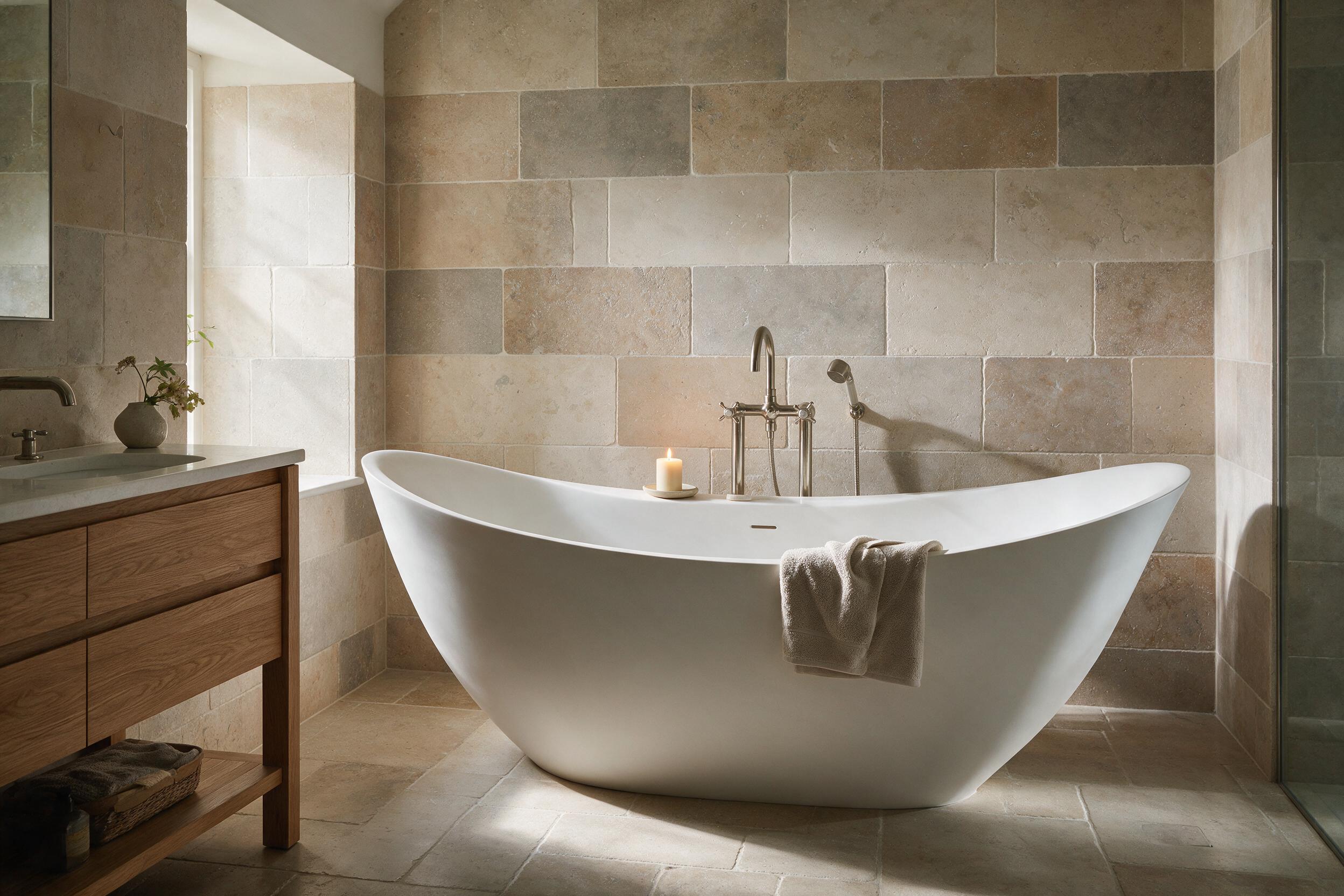 A finished, considered bathroom with a sculptural white freestanding bath and natural stone tiling