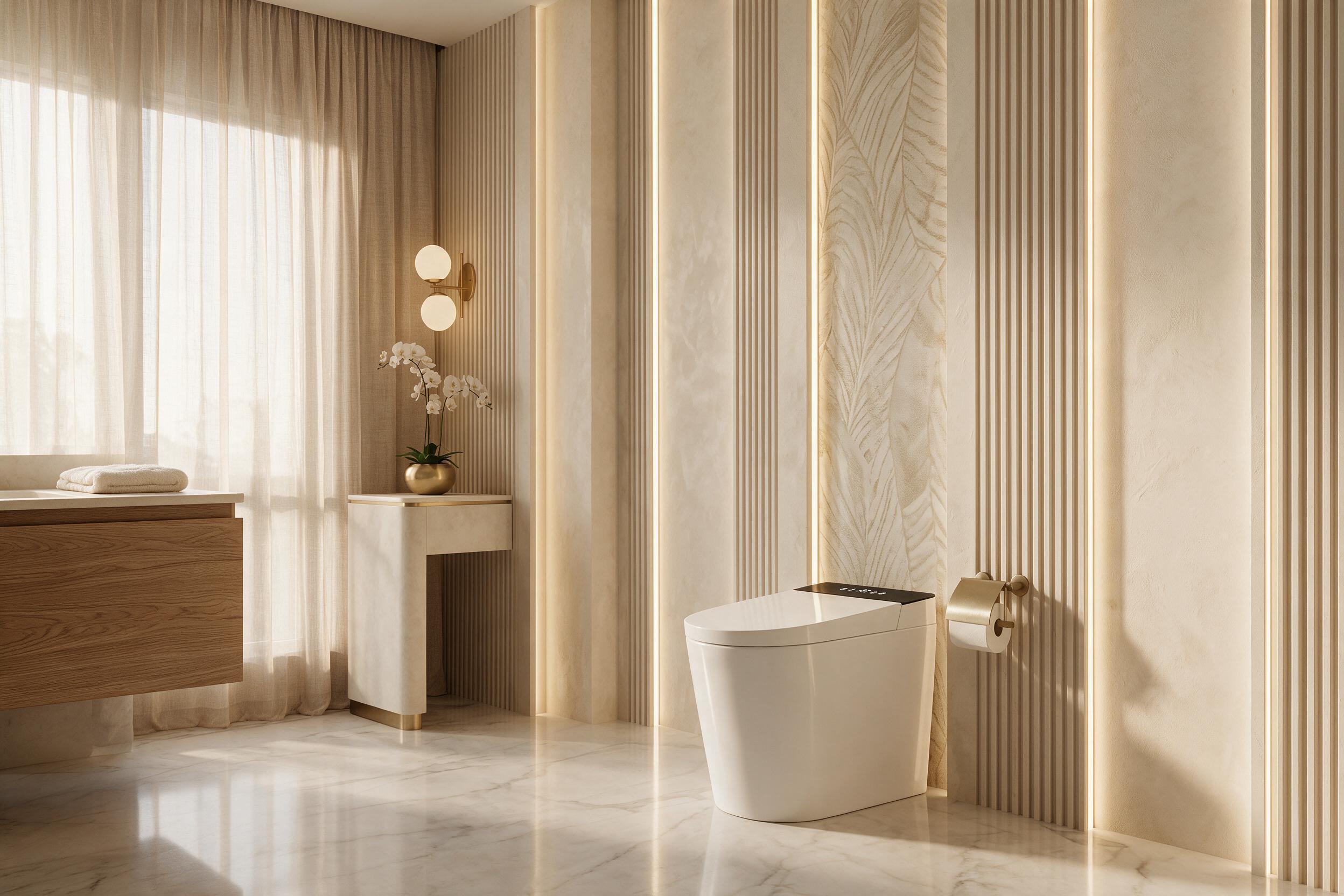 The Onyx matte black bath against a deep navy feature wall with brushed brass accents