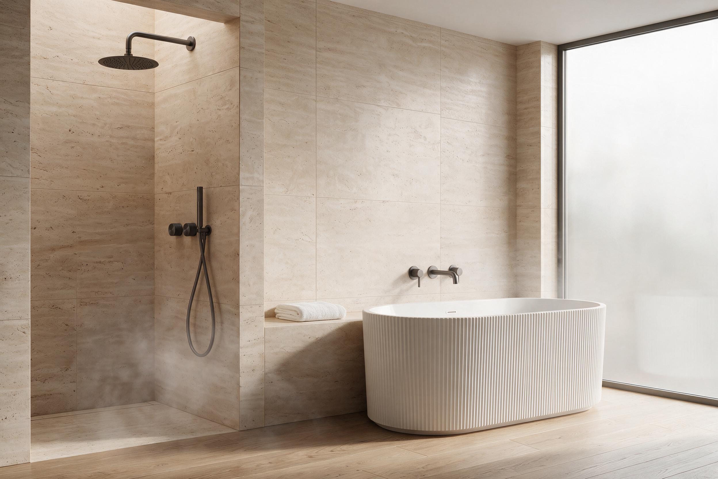 A brushed gunmetal concealed shower system in a fully tiled, trayless wet-room-style bathroom