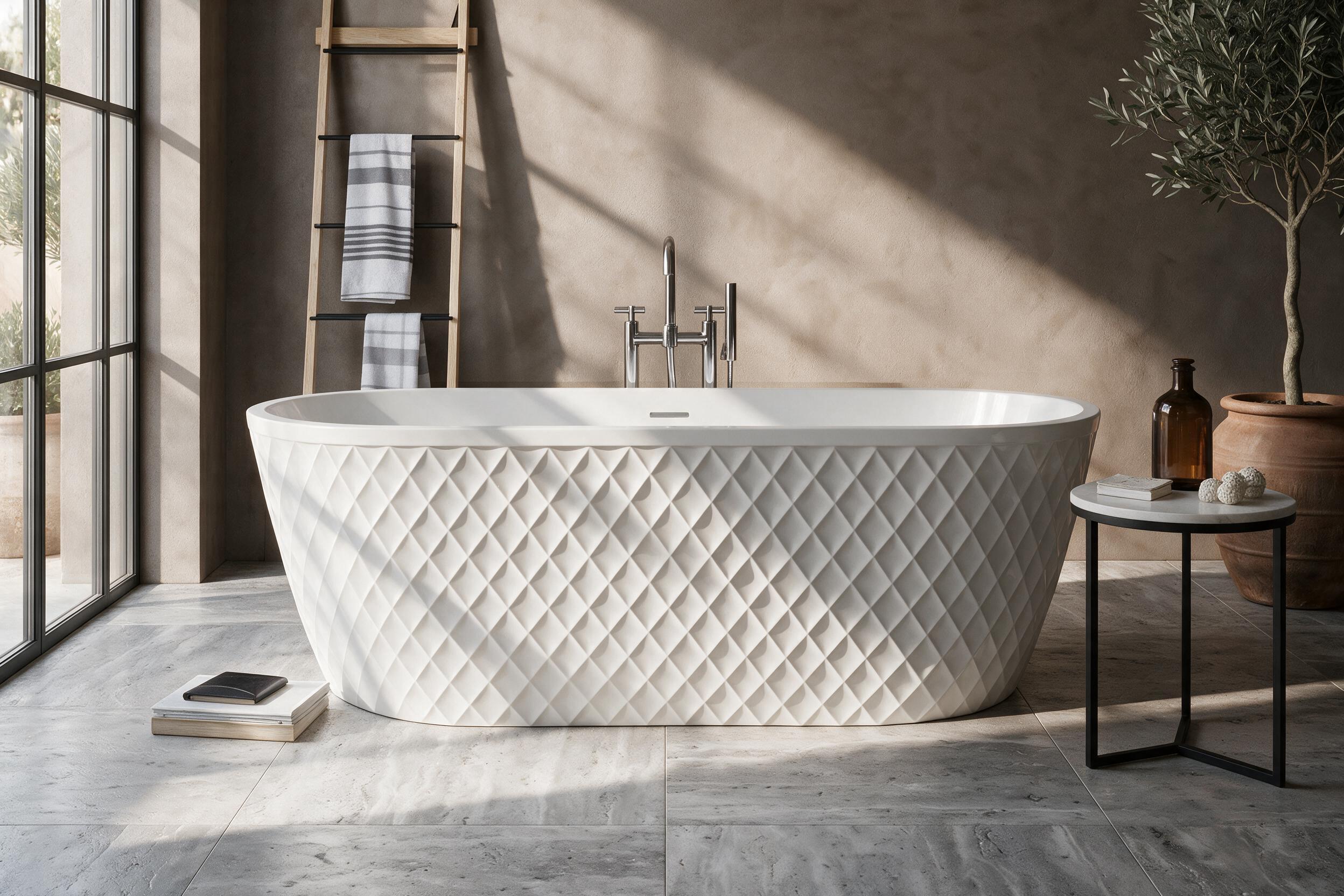 The Facet bath's diamond-faceted textured exterior lit dramatically to show its geometry
