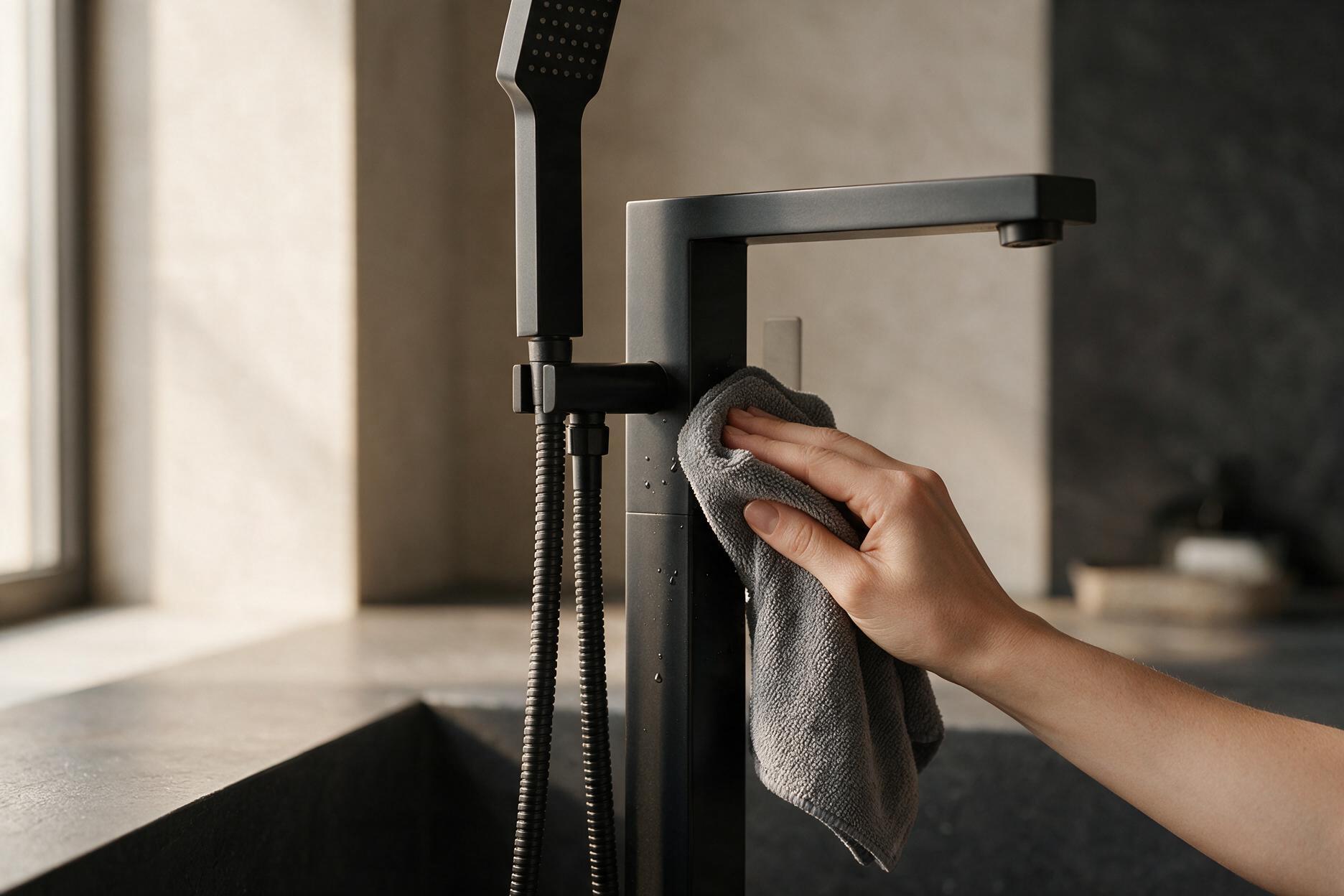 Wiping the Elani Noir matte black bath tap clean with a soft cloth