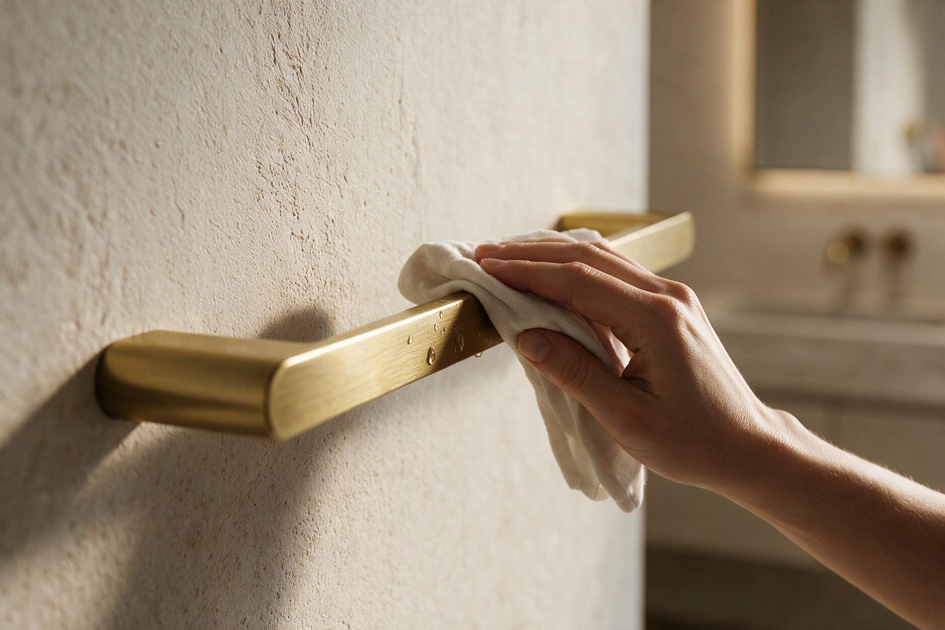 Wiping the Elani Aurum brushed brass towel rail clean with a soft cloth