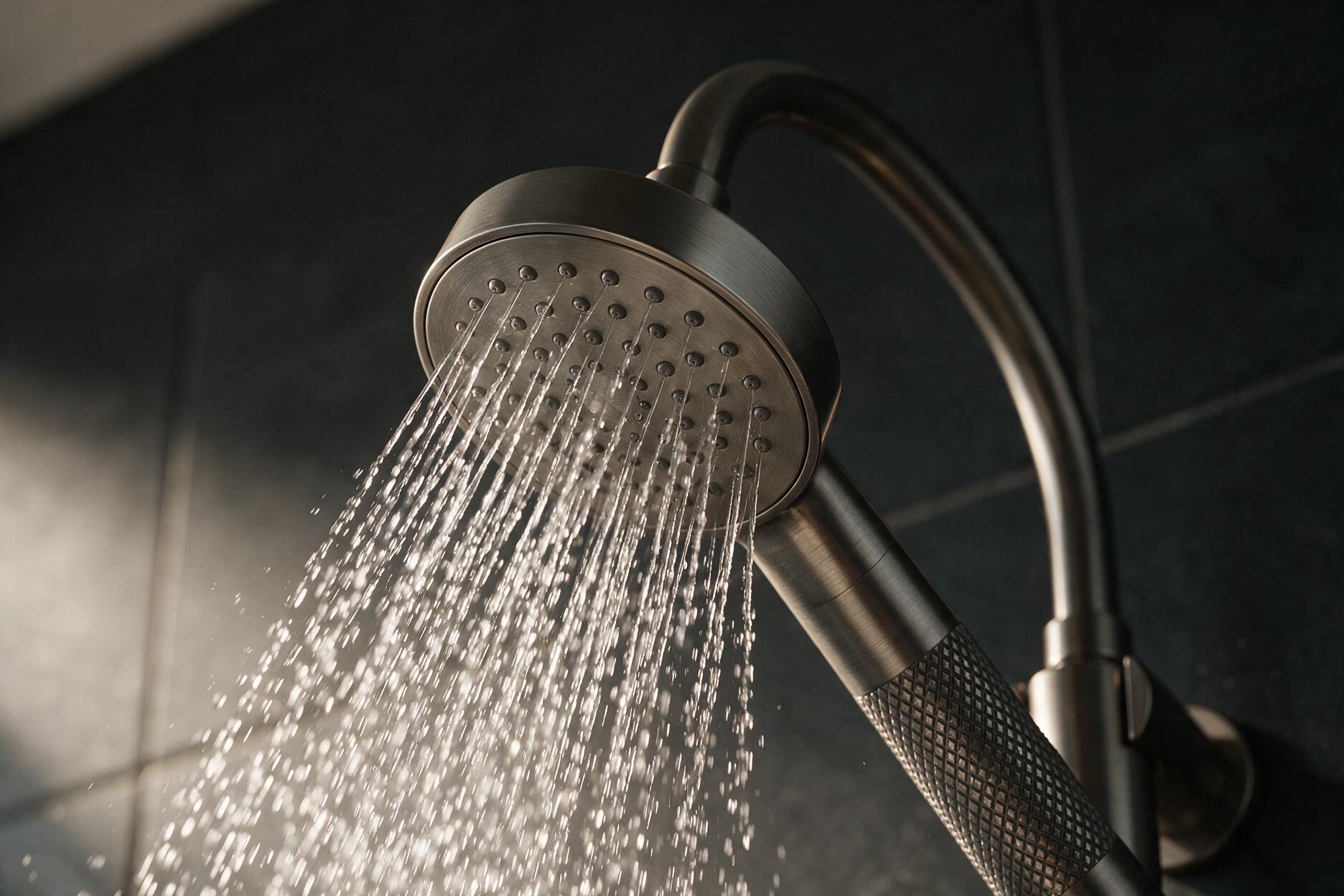 Water flowing from the Elani Forge round rain shower head in brushed gunmetal