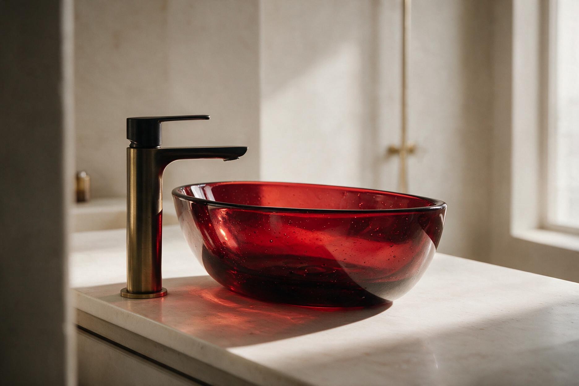Elani Ember red translucent resin basin styled on a bathroom vanity