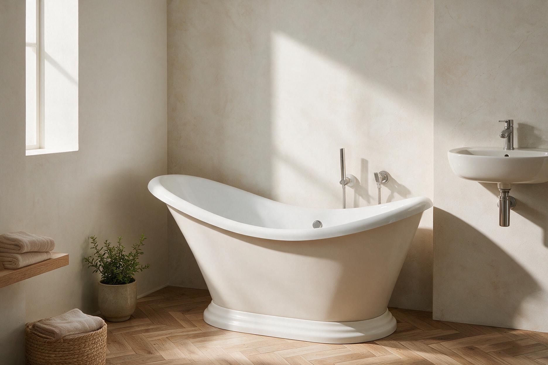 Elani Isla compact freestanding bath styled in a small considered bathroom