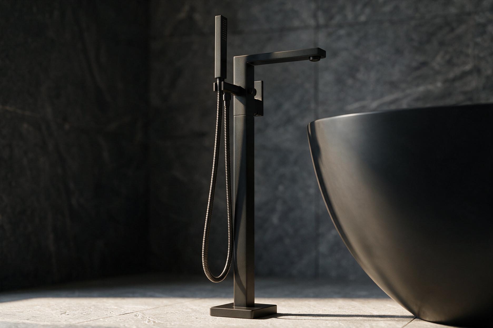 Close-up low-angle shot of a matte black bathroom tap showing construction and scale