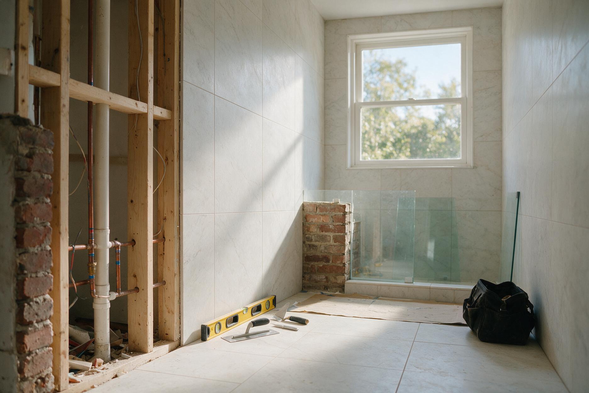 A bathroom mid-renovation with exposed stud wall in a calm, planned setting