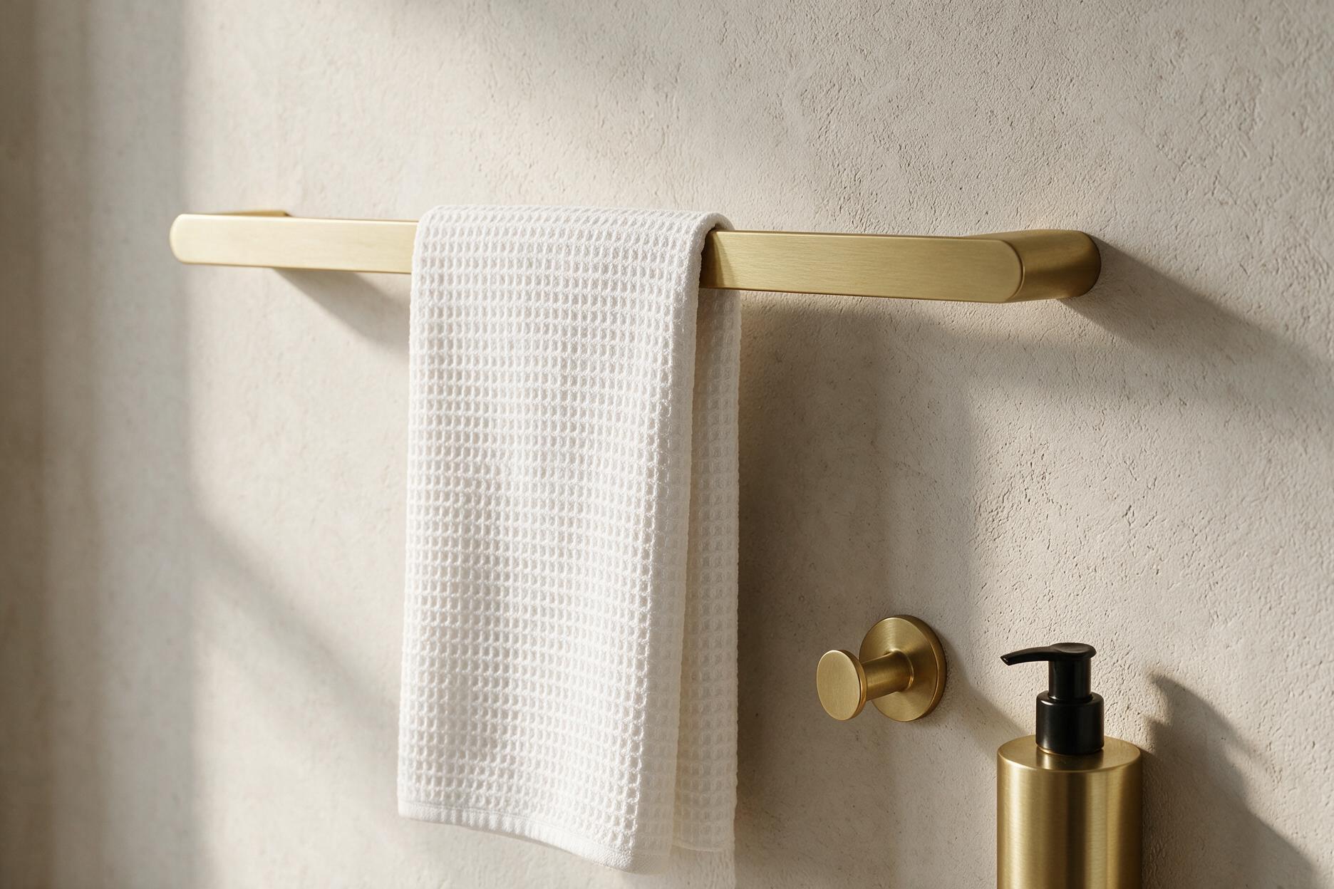 Flatlay of coordinated brushed brass towel rail, robe hook, and soap dispenser