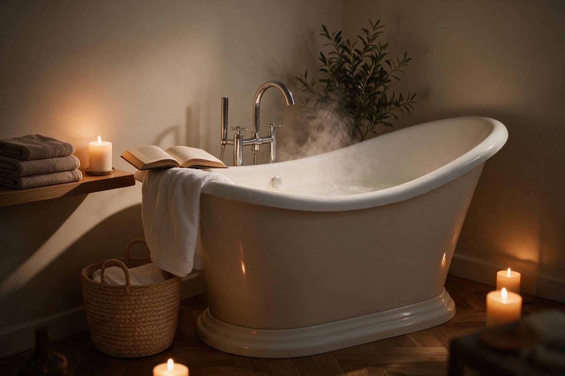 The Elani Isla freestanding bath filled with warm water in a candlelit evening bathroom