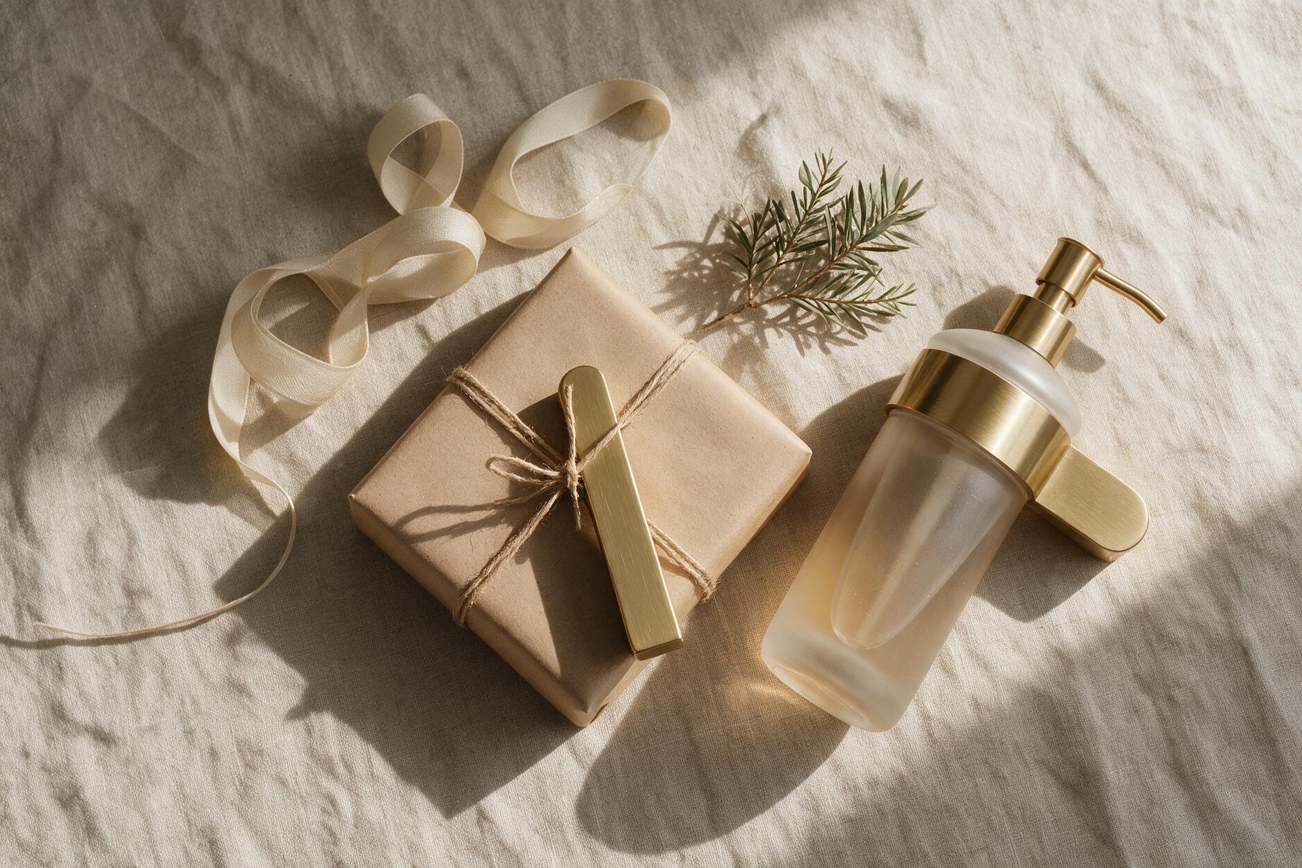 An overhead flatlay of brushed brass bathroom accessories styled as unwrapped gifts alongside a kraft gift box and greenery