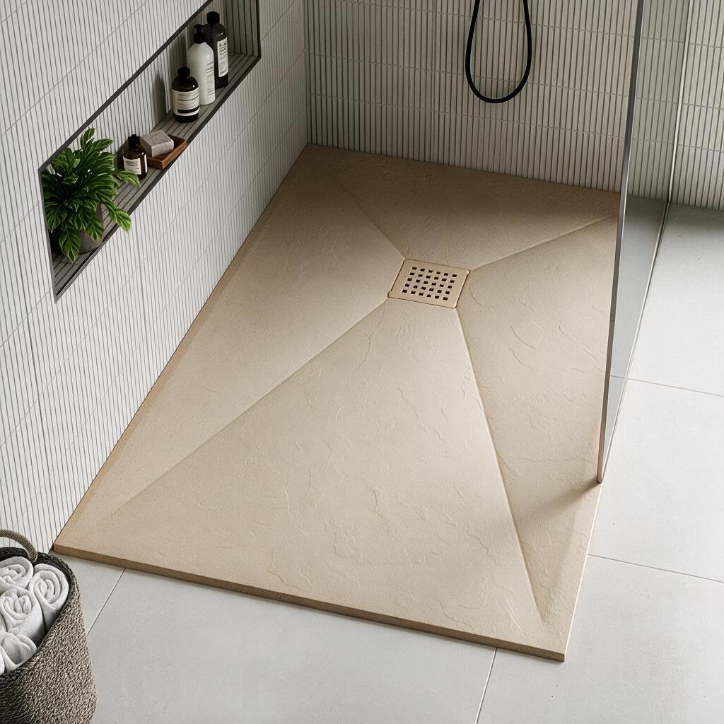 Strata shower tray in warm sand, in-situ corner walk-in shower