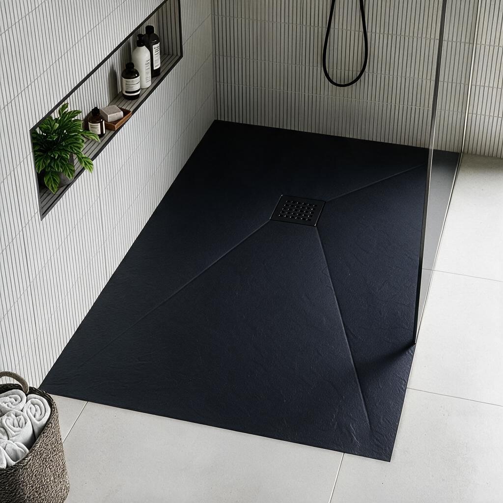 Strata shower tray in matte black, in-situ corner walk-in shower