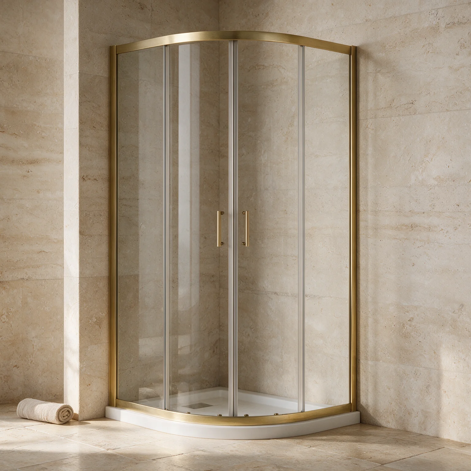 A brushed brass curved quadrant shower enclosure in the corner of a warm neutral bathroom