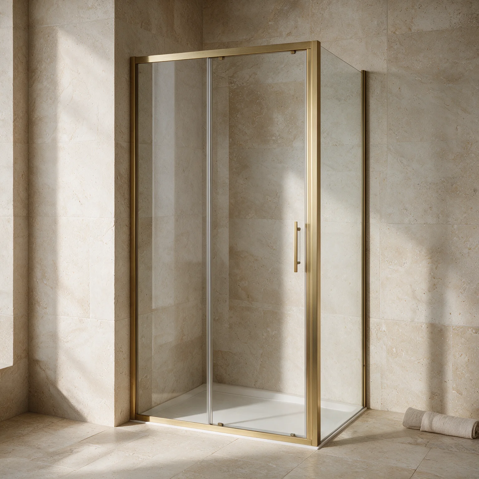 A brushed brass sliding shower enclosure with a returning side panel in a warm travertine bathroom