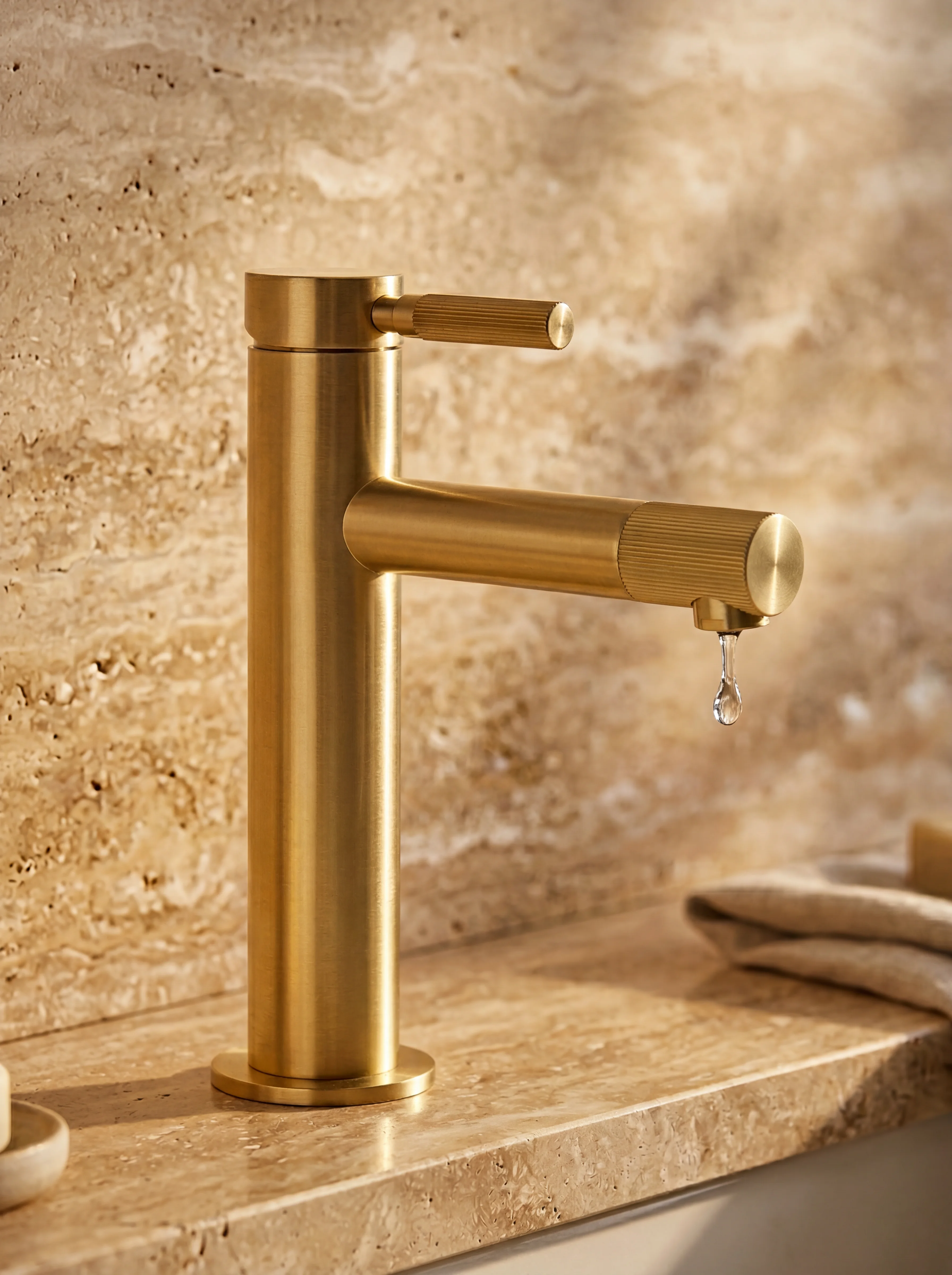 A brushed gold basin tap above a stone basin in a warm neutral bathroom