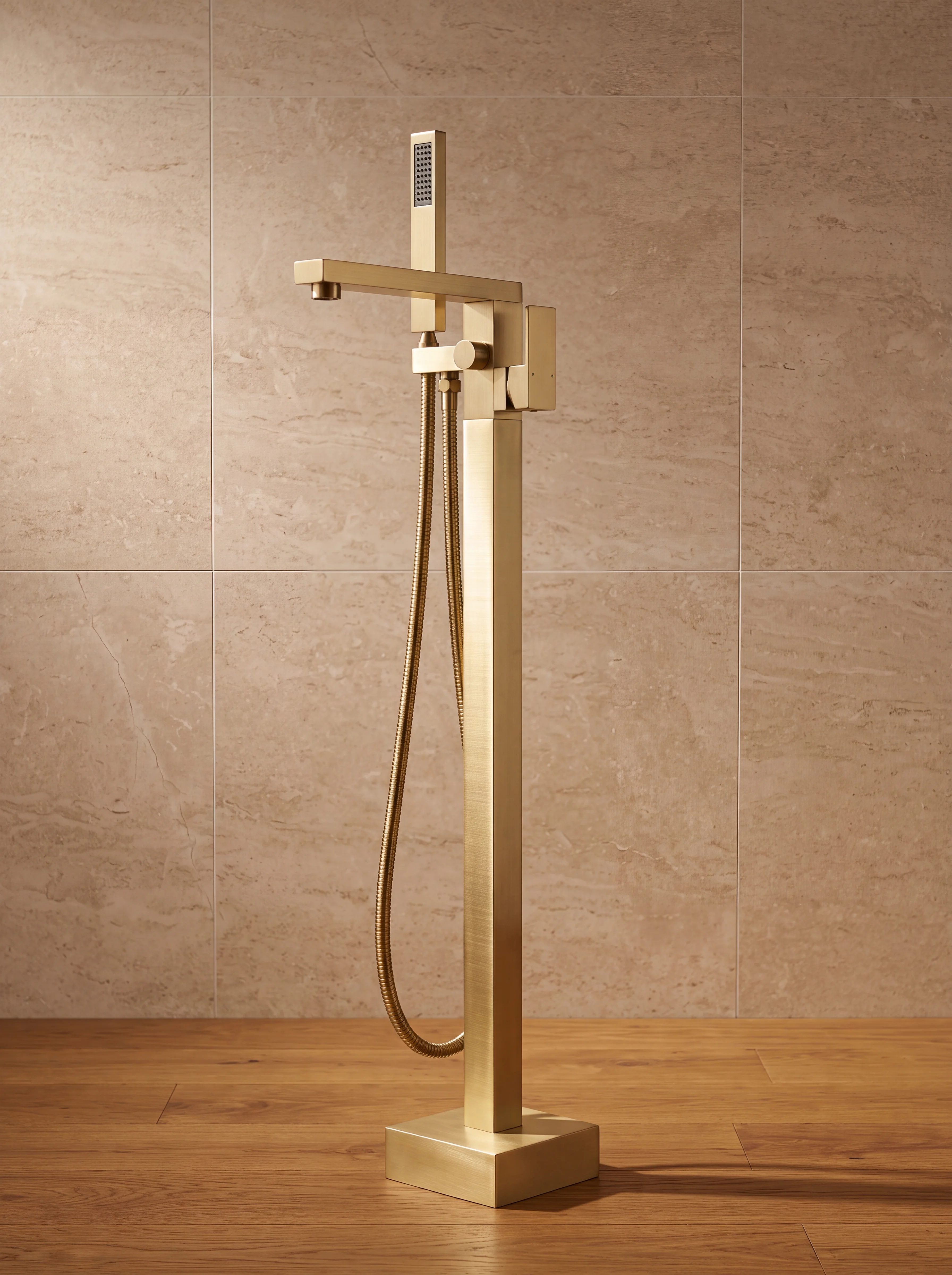 A floorstanding bath filler rising from the floor beside a freestanding bath