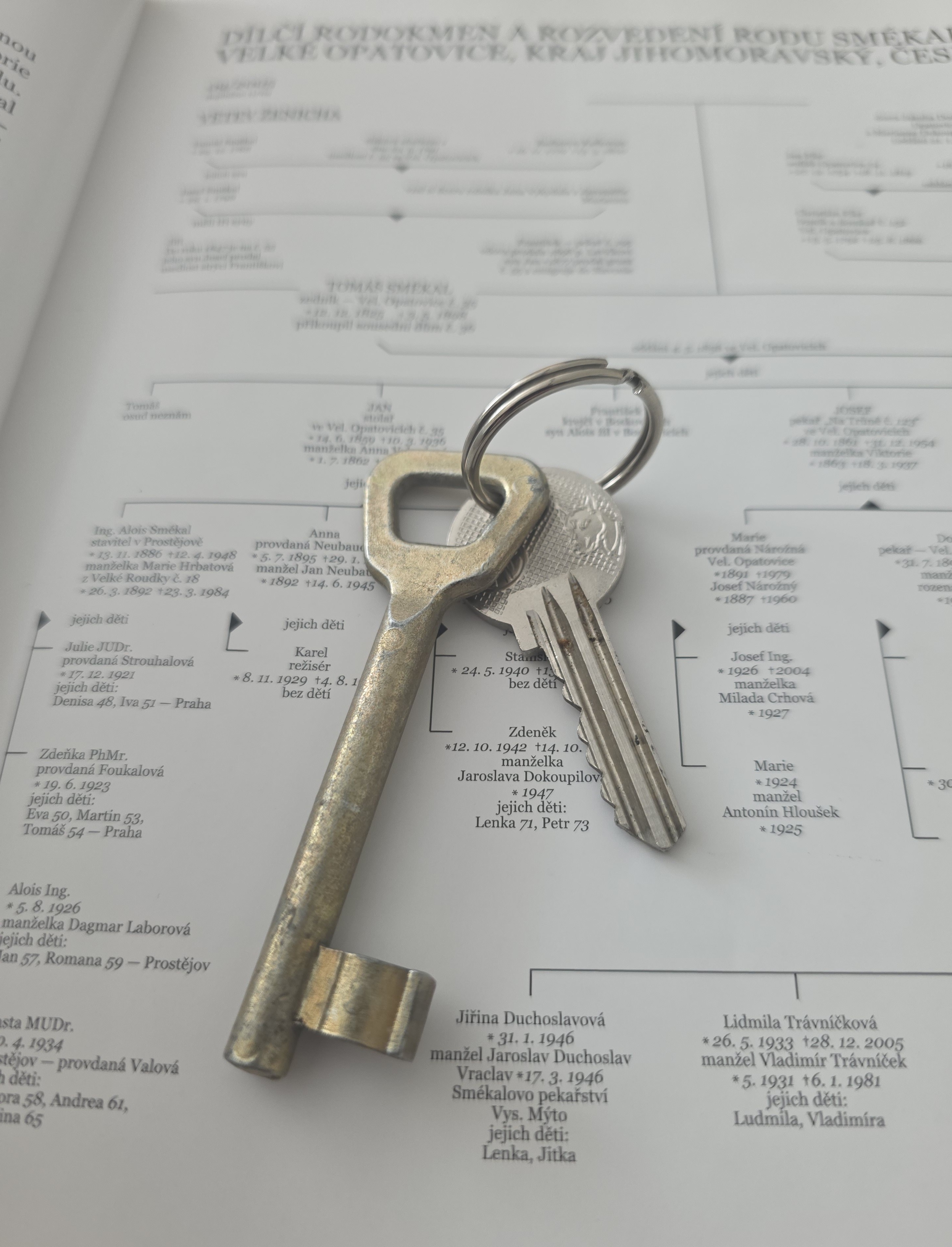 Dvě kovové klíče na kroužku položené na rodokmenu s textem v češtině.