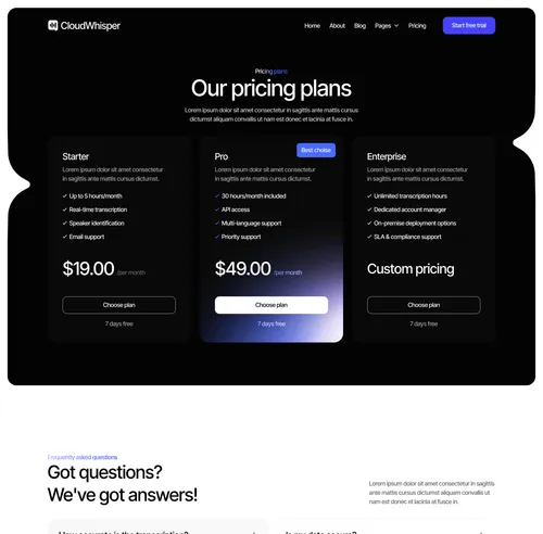 CloudWhisper - Pricing Page - Speech To Text App Webflow Template