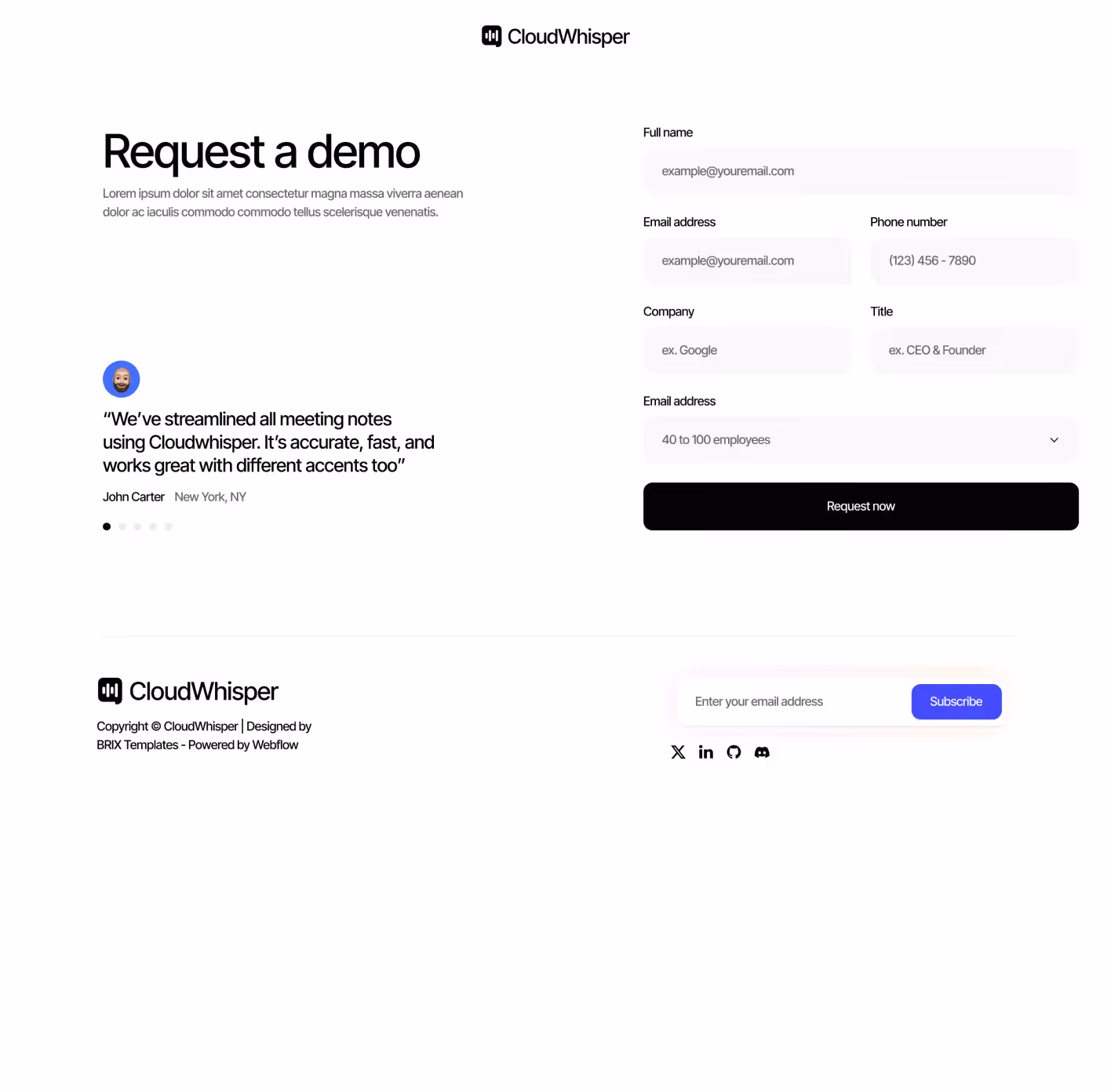 CloudWhisper - Request A Demo Page - Speech To Text App Webflow Template