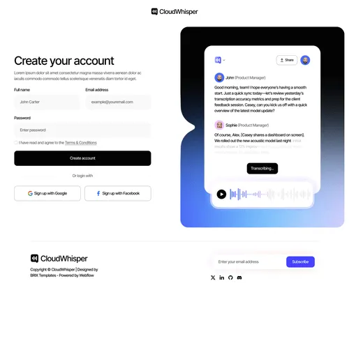 CloudWhisper - Sign Up Page - Speech To Text App Webflow Template
