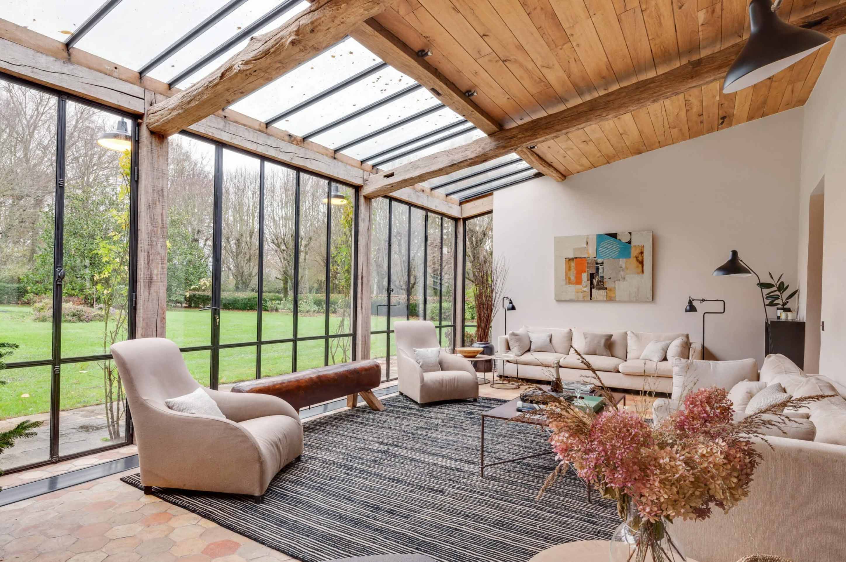 Calm countryside interior with natural light and garden connection