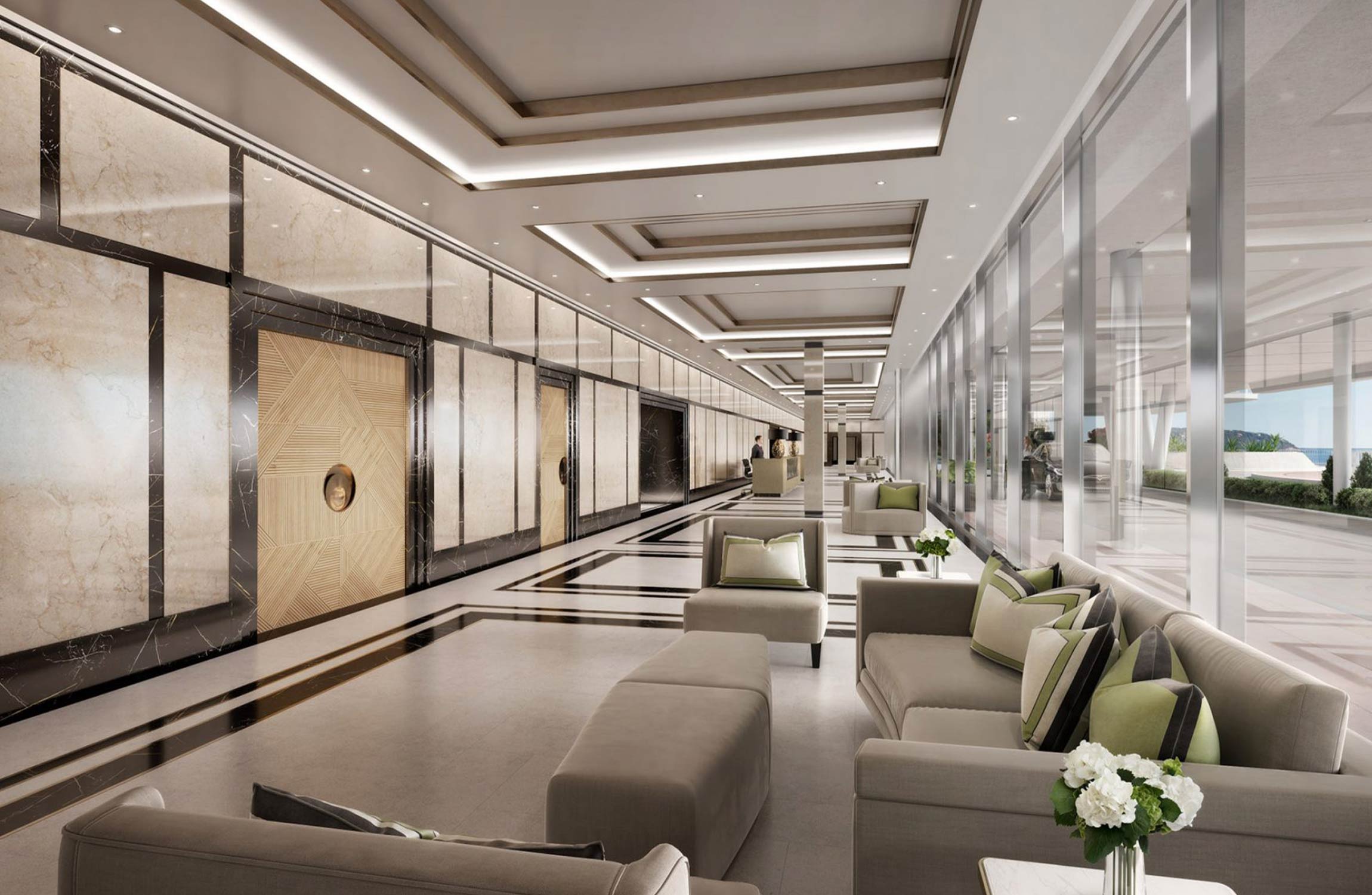 Exterior view of Bay House Monaco, a high-end residential development featuring contemporary architecture and lush landscaped access