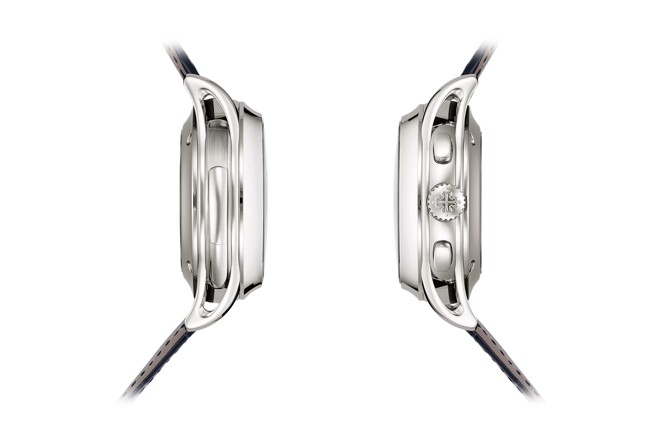 Side profile of the Patek Philippe 5308G-001 Grand Complication watch showing the white gold case, minute repeater slide, and chronograph pushers