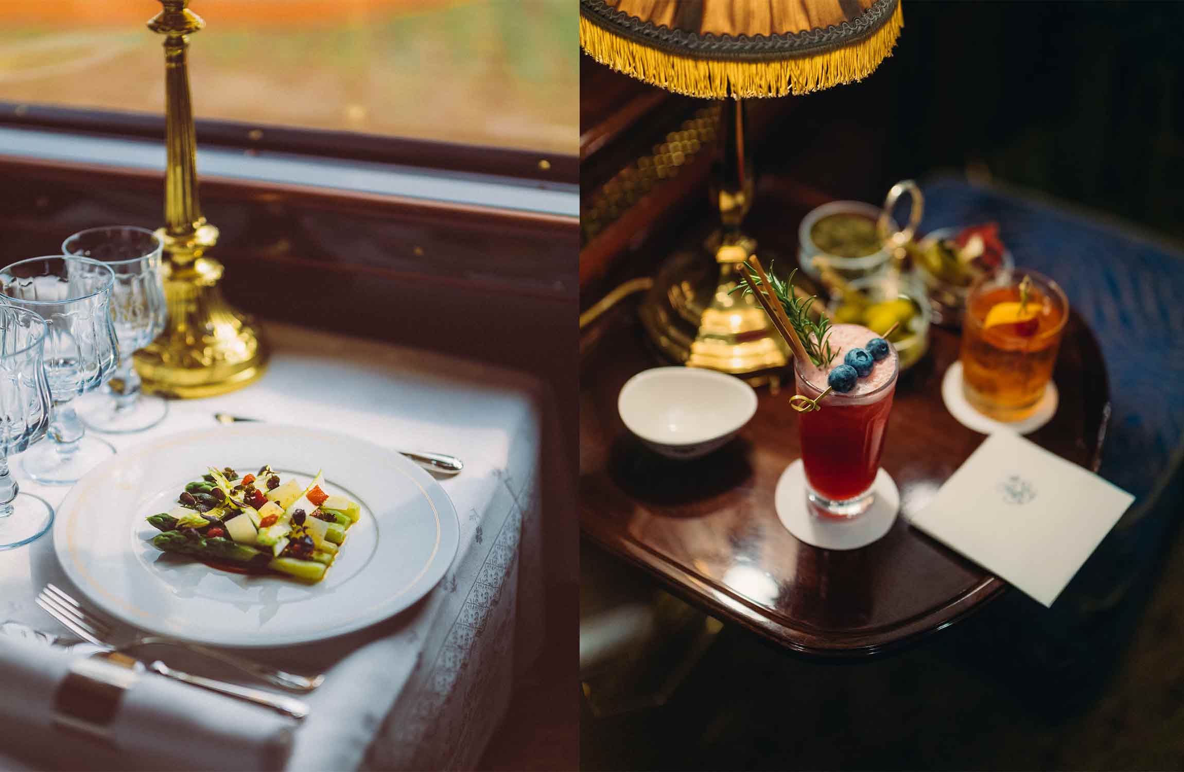 Gourmet fine dining meal served aboard the Venice Simplon-Orient-Express luxury train featuring elegant tableware and five-star culinary presentation